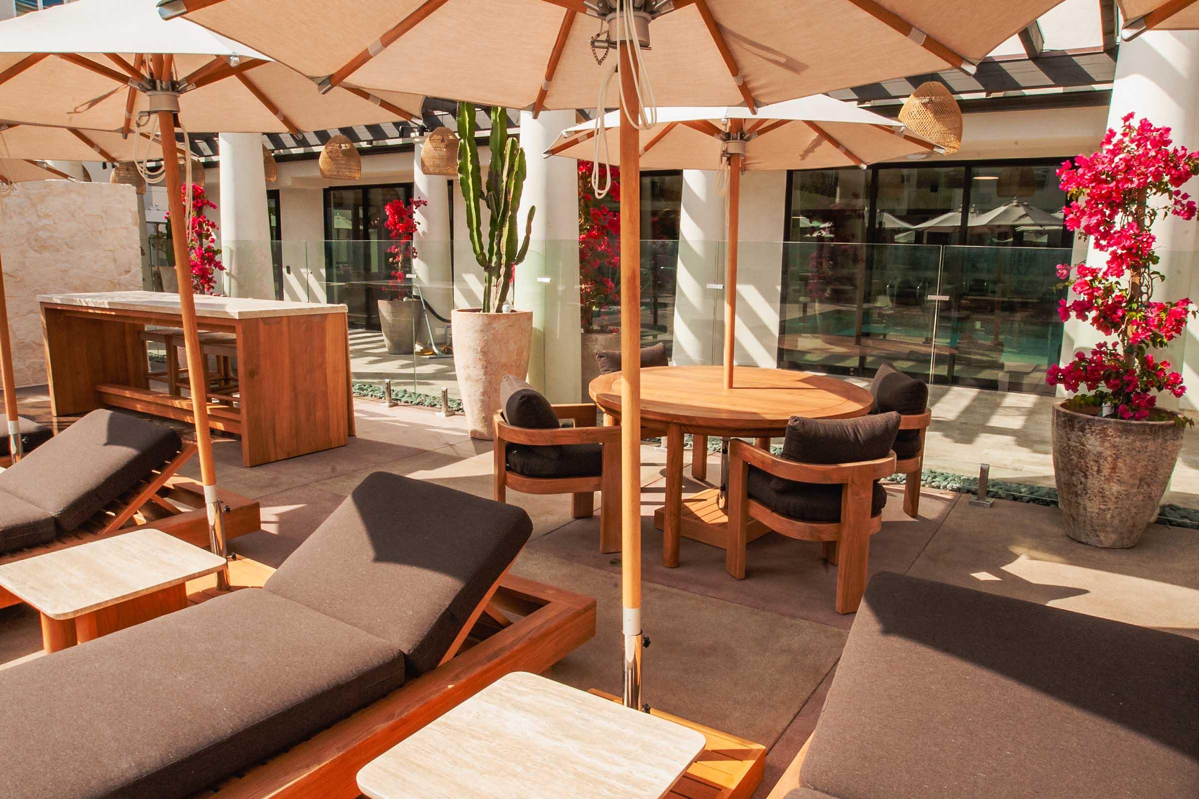 A sunny outdoor patio featuring wooden lounge chairs and a round table, surrounded by vibrant pink flowers and green plants. Umbrellas provide shade, and there are large glass windows in the background, suggesting a relaxing and inviting atmosphere.