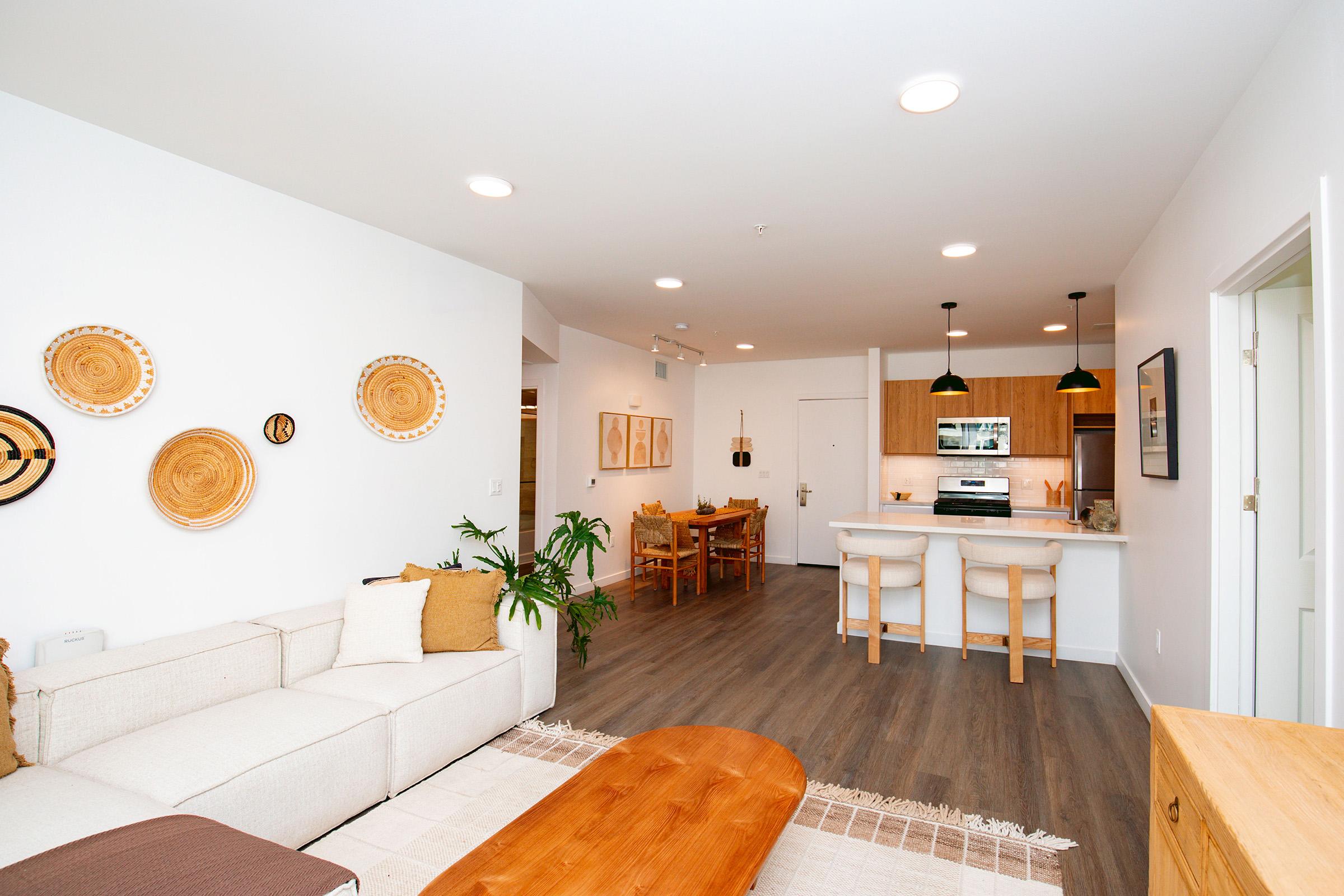 A modern, open-concept living space featuring a cozy living area with a sectional sofa, a wooden coffee table, and decorative wall plates. The kitchen is visible in the background, equipped with stainless steel appliances and bar seating. Light wood flooring and neutral colors create a warm, inviting atmosphere.