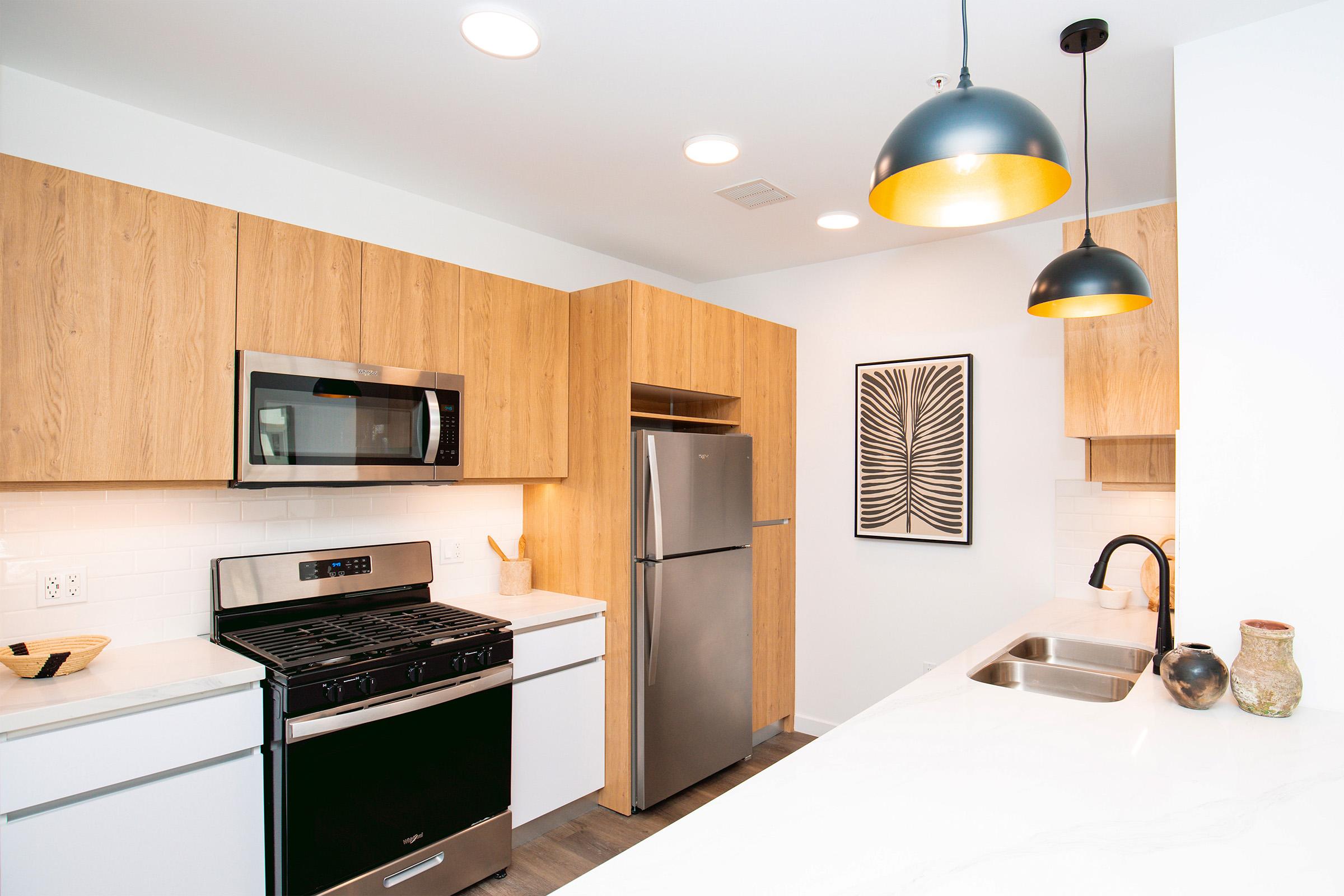 Modern kitchen featuring wooden cabinets, stainless steel appliances including a microwave and refrigerator, black gas stove, and a light-colored countertop. There are two pendant lights hanging above the sink, and a wall decoration with a leaf design. The space is well-lit and contemporary.
