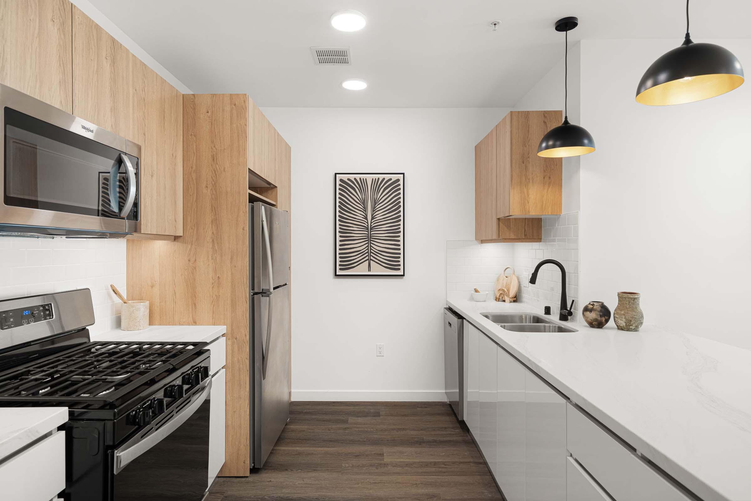 Modern kitchen featuring stainless steel appliances, a large gas stove, and sleek cabinetry. Light wood accents complement white countertops and a stylish sink. A black faucet and lighting fixtures add a contemporary touch, while a framed botanical artwork on the wall brings a pop of elegance to the space.