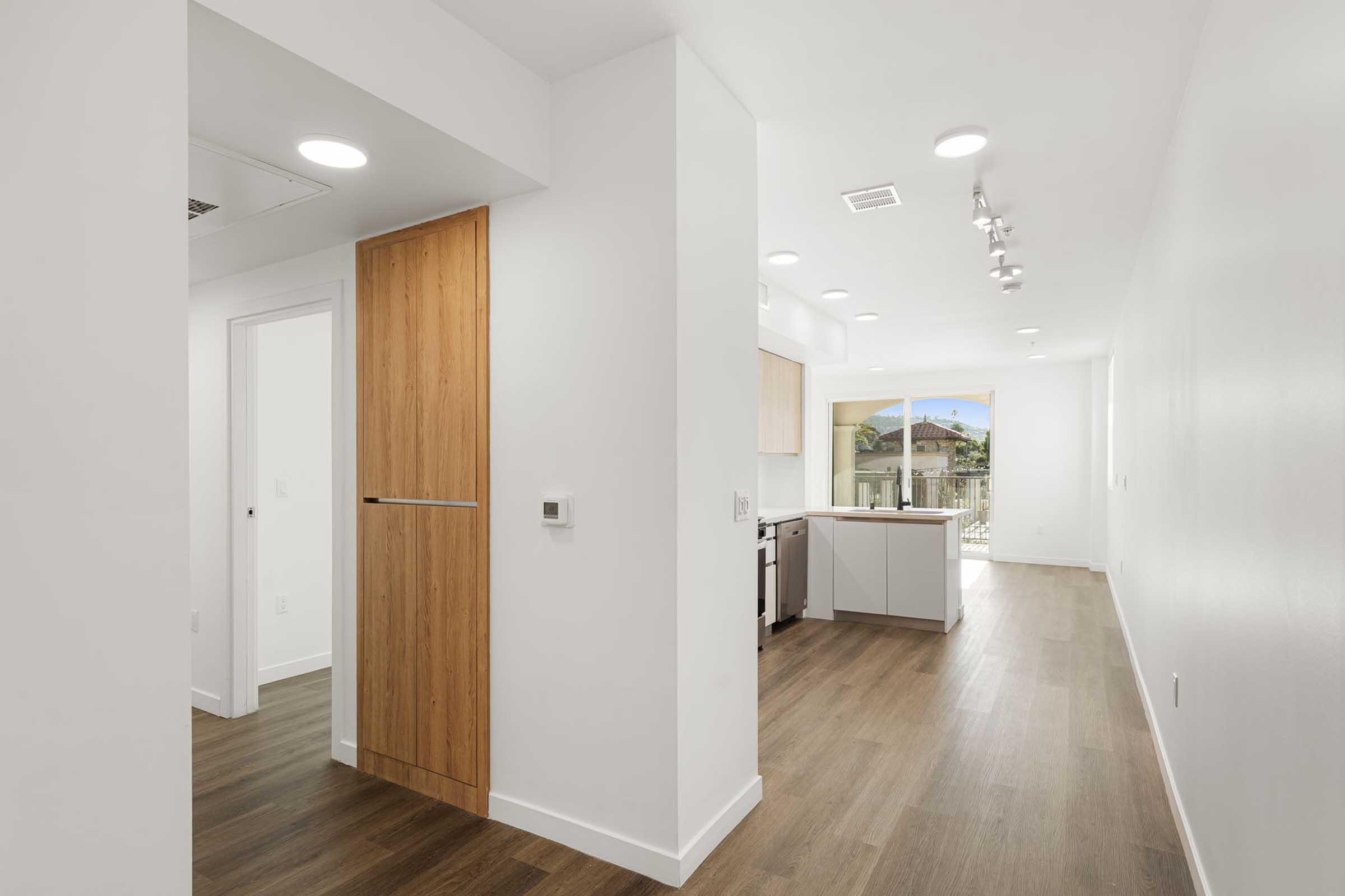 A modern, bright interior corridor leading to an open kitchen and living area. The walls are painted white and the floor features hardwood. Natural light floods the space from large windows, showcasing a view outside. Minimalist design elements include wooden cabinetry and recessed lighting.