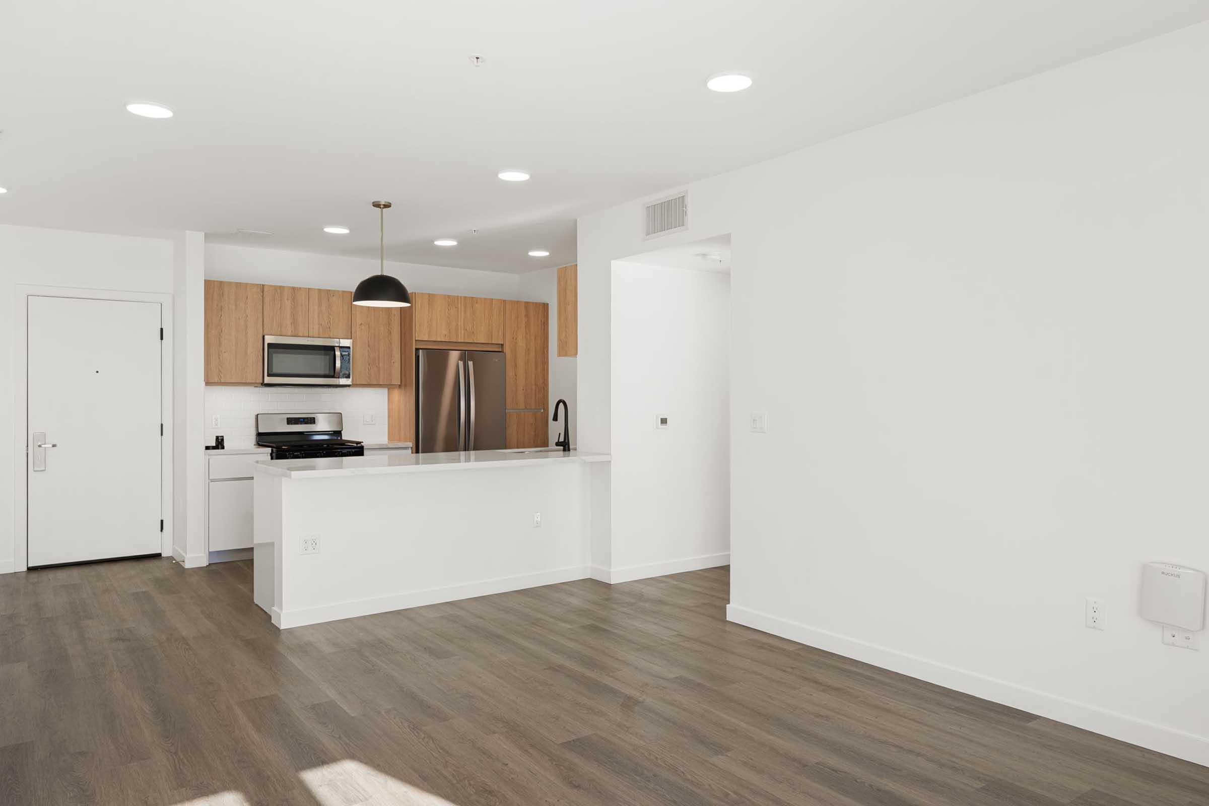 Modern apartment interior featuring an open layout with a kitchen area that includes wooden cabinets, stainless steel appliances, and a black pendant light. The living space has light wood flooring and white walls, creating a bright and airy atmosphere. A door leads to the entrance, and there are recessed lights on the ceiling.