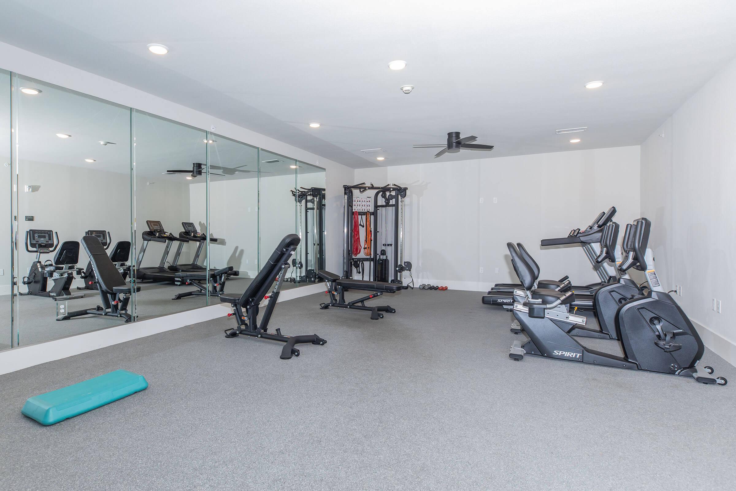 A well-lit home gym with mirrors, featuring various fitness equipment including treadmills, exercise bikes, benches, and weight machines, arranged on a grey carpeted floor. There is a blue workout mat in the foreground and a ceiling fan overhead.