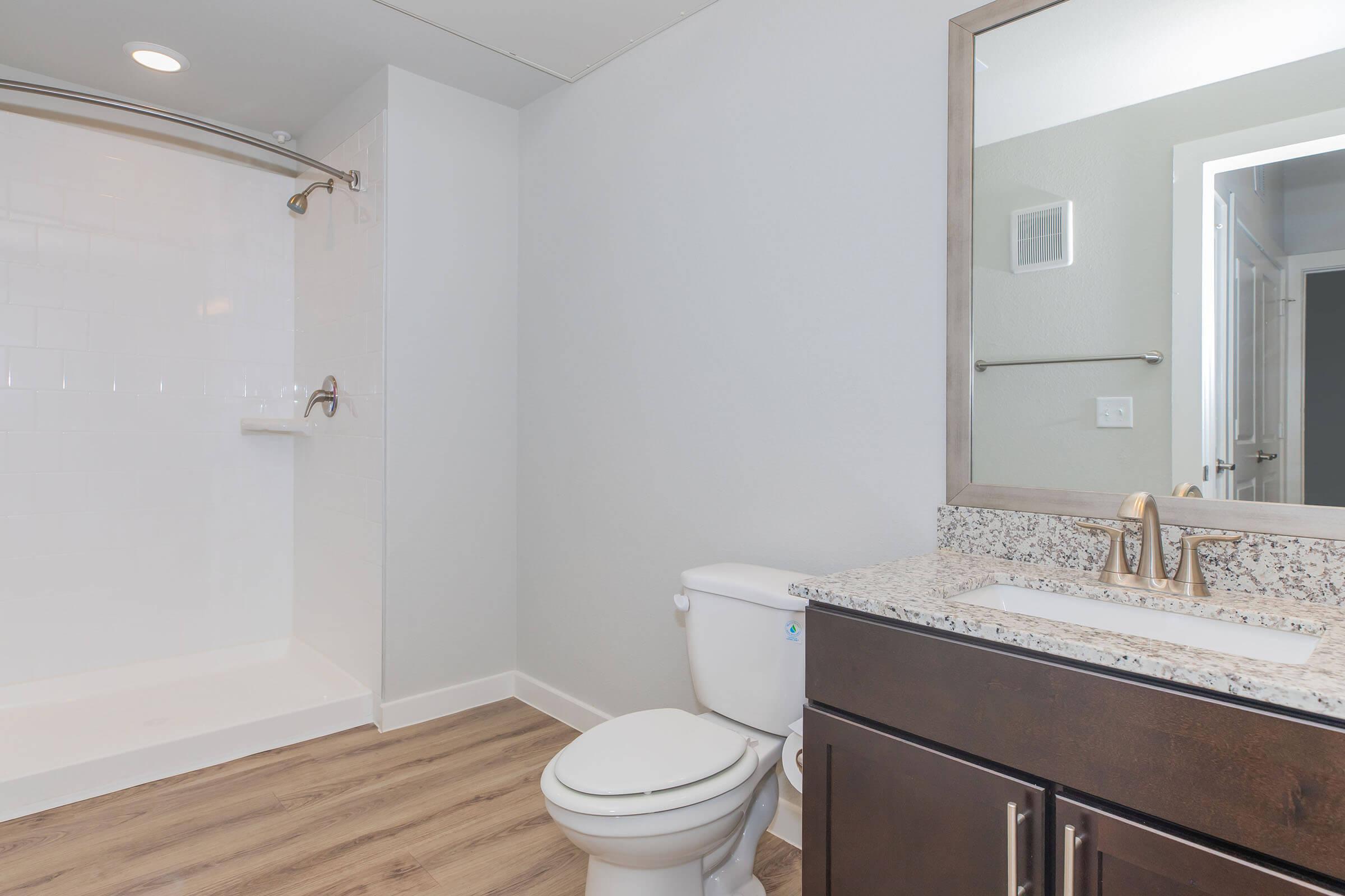 A modern bathroom featuring a toilet, a granite countertop with a sink, a large mirror, and a walk-in shower with a glass door. The flooring is light wood, and the walls are painted a soft gray. The space is well-lit, creating a bright and inviting atmosphere.