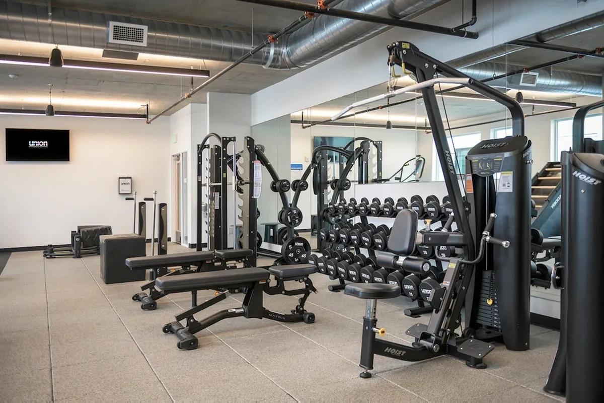A modern gym interior featuring various workout equipment. There are weight machines, a set of free weights, benches, and large mirrors. The space is well-lit with a clean, minimalist design, and includes a television on the wall. The flooring is carpeted in a light color, enhancing the open atmosphere.