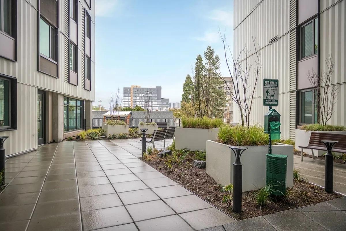 A modern urban courtyard with paved walkways, surrounded by contemporary buildings. The space features planters with greenery, benches for seating, and a dog waste station. In the background, there's a view of additional buildings and trees under a clear sky.