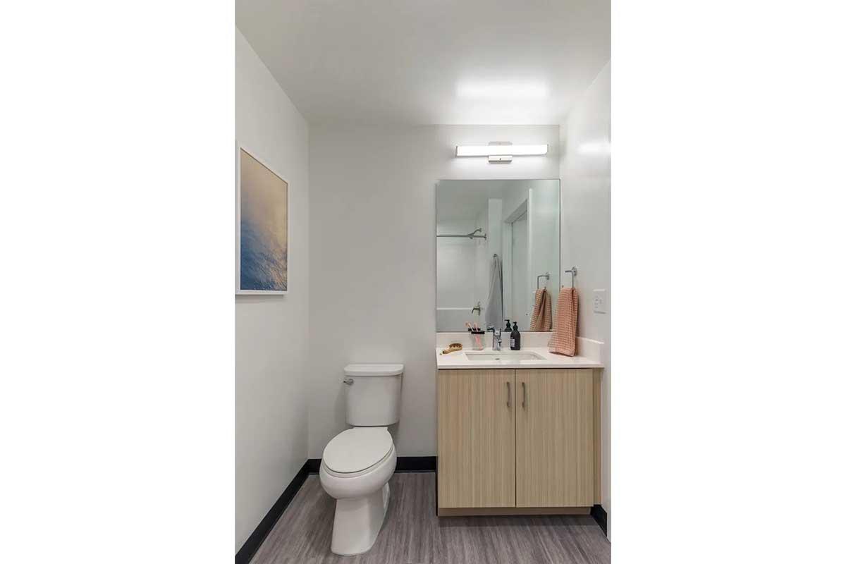 A modern bathroom featuring a white toilet, a wooden vanity with a sink, a mirror, and toiletries. The walls are painted white, and there is a gray floor. An abstract artwork hangs on the wall, adding a touch of color. A towel and some toiletries are neatly arranged on the vanity.