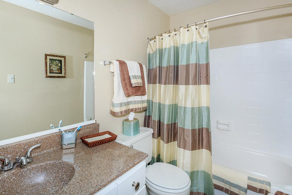 a bedroom with sink and shower curtain