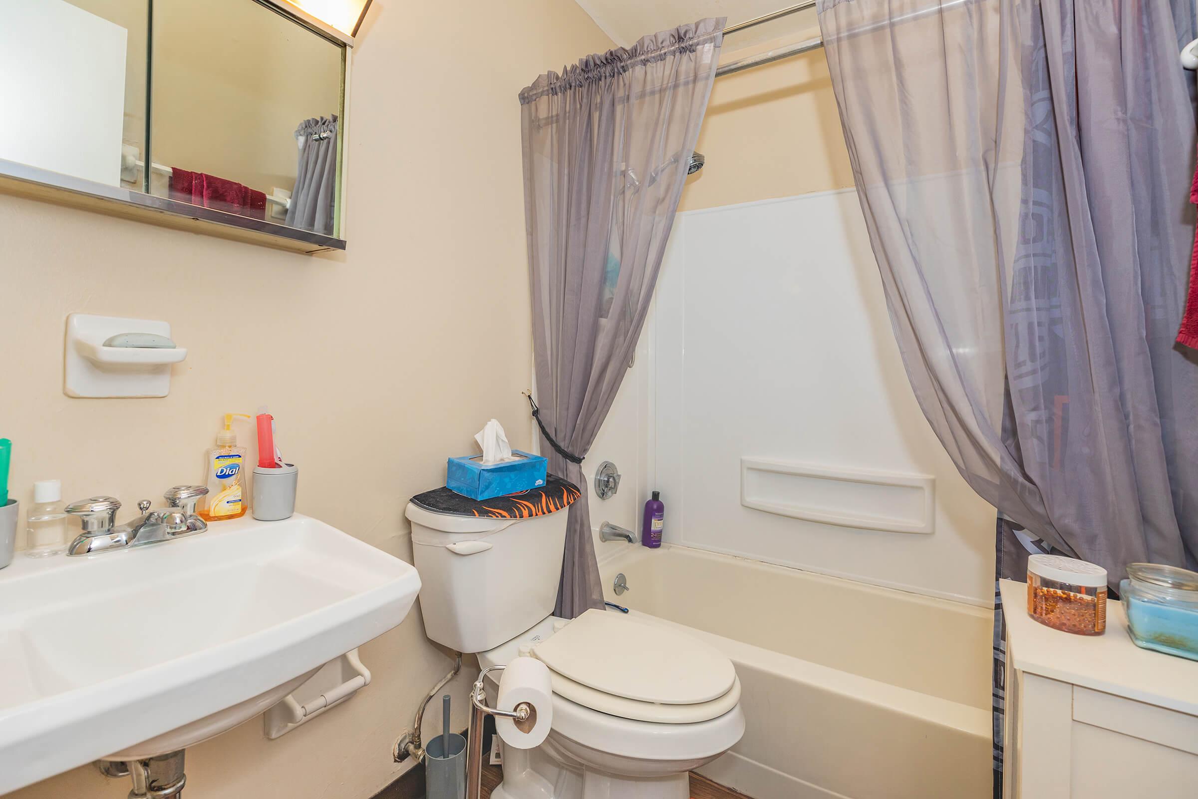 a shower curtain next to a sink