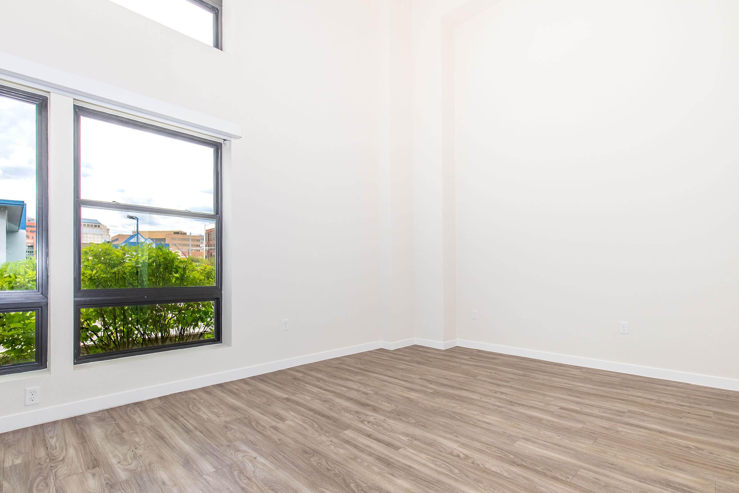 A bright, empty room with high ceilings and large windows. The floor is covered with light wood laminate. Green plants are visible outside the windows, providing a view of nature. The walls are painted a light color, creating a spacious and airy atmosphere.