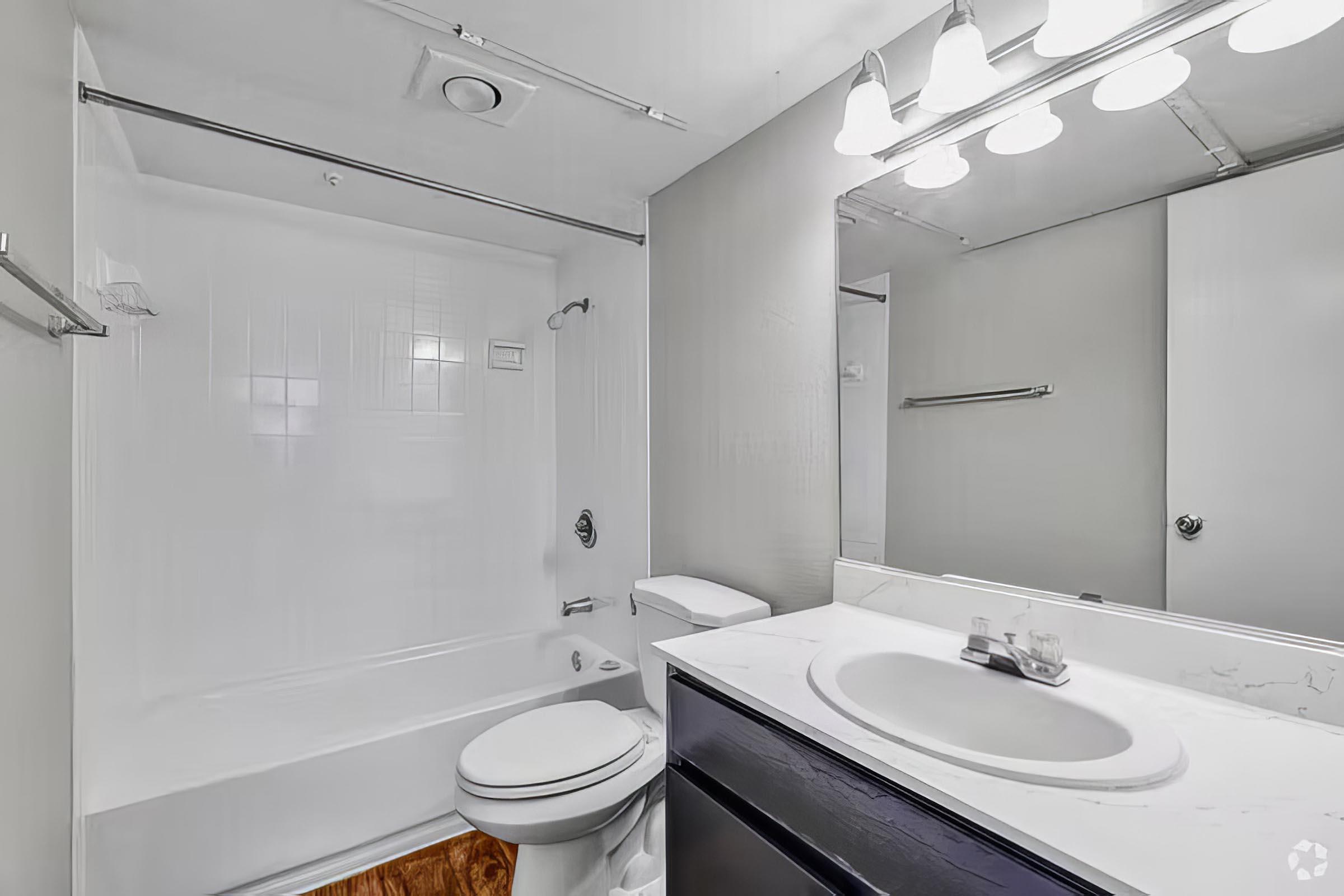 A modern bathroom featuring a white bathtub with a shower, a toilet, and a stylish sink with a mirror above. The walls are painted light gray, and the floor has a wood-like finish. Bright lighting fixtures are installed above the mirror, enhancing the overall elegance of the space.