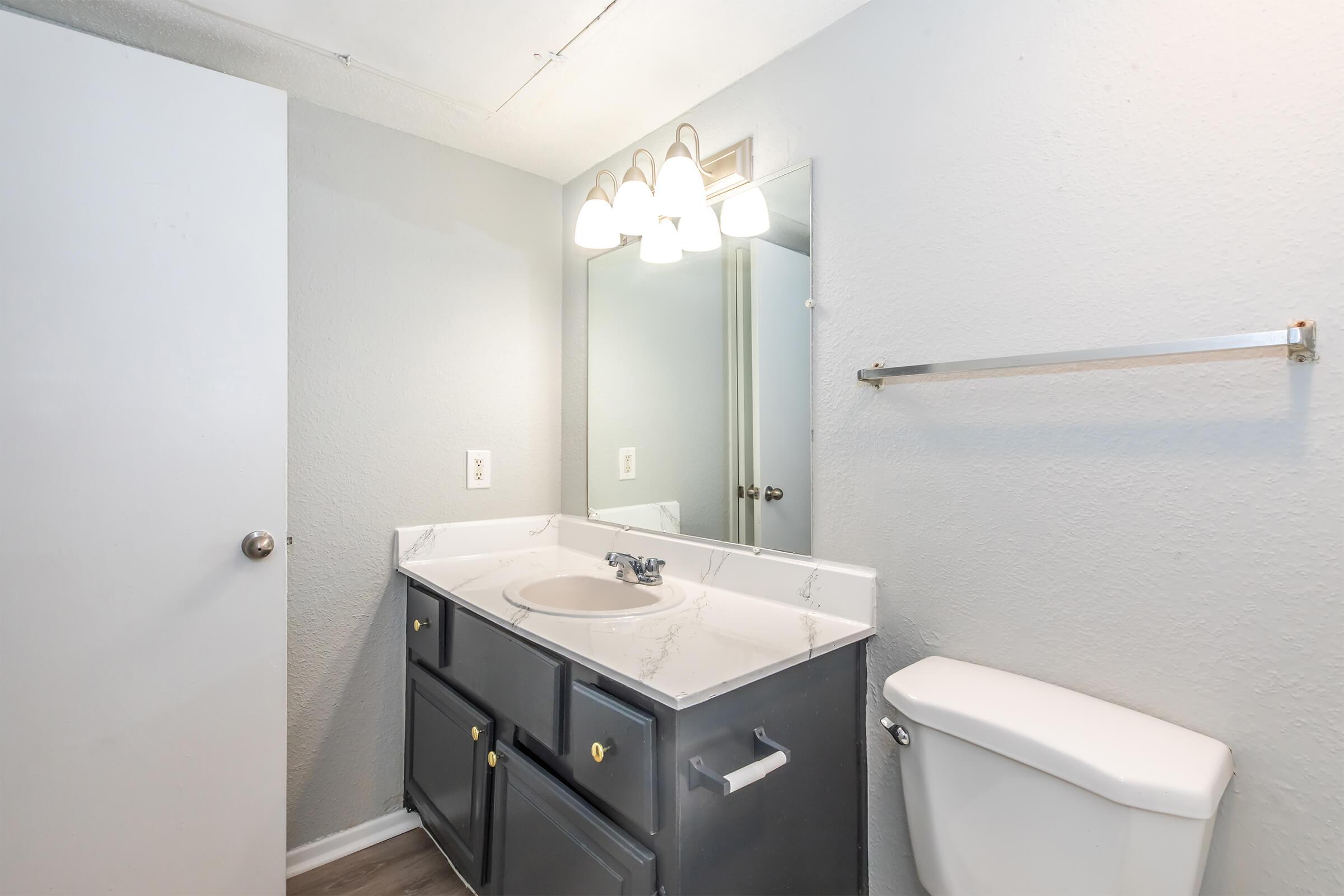 A modern bathroom featuring a gray vanity with a marble countertop, a round sink, and a mirror above. On the right, there is a white toilet, and to the left, a closed door. The walls are painted light gray, and there is a light fixture with three bulbs above the mirror.