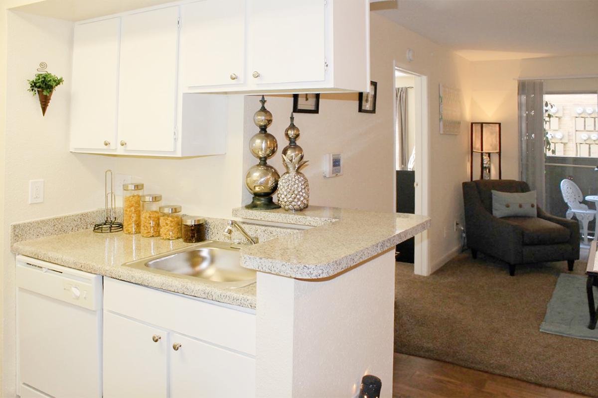 a kitchen with a sink and a mirror