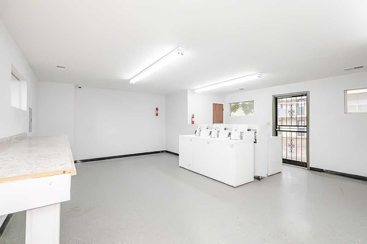 A clean and well-lit laundry room featuring several white washing machines and dryers along one wall. There is a counter area to the left and a door leading outside on the right. The walls are painted white, and there are fluorescent lights overhead. No laundry is visible in the machines.