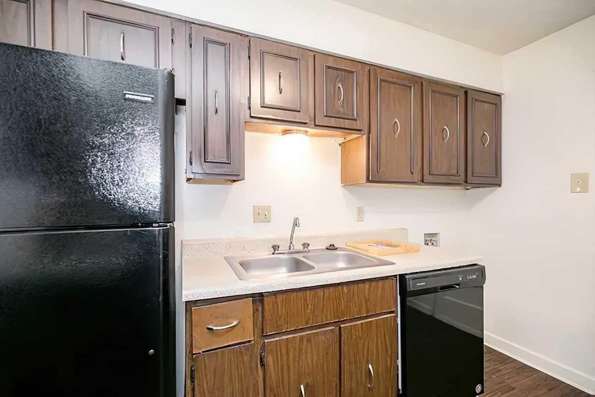 A small kitchen area featuring a black refrigerator, a double sink, and wood-paneled cabinets. The countertop is light-colored, and there is a black dishwasher under the counter. The walls are plain, and the lighting is warm, creating a cozy atmosphere.
