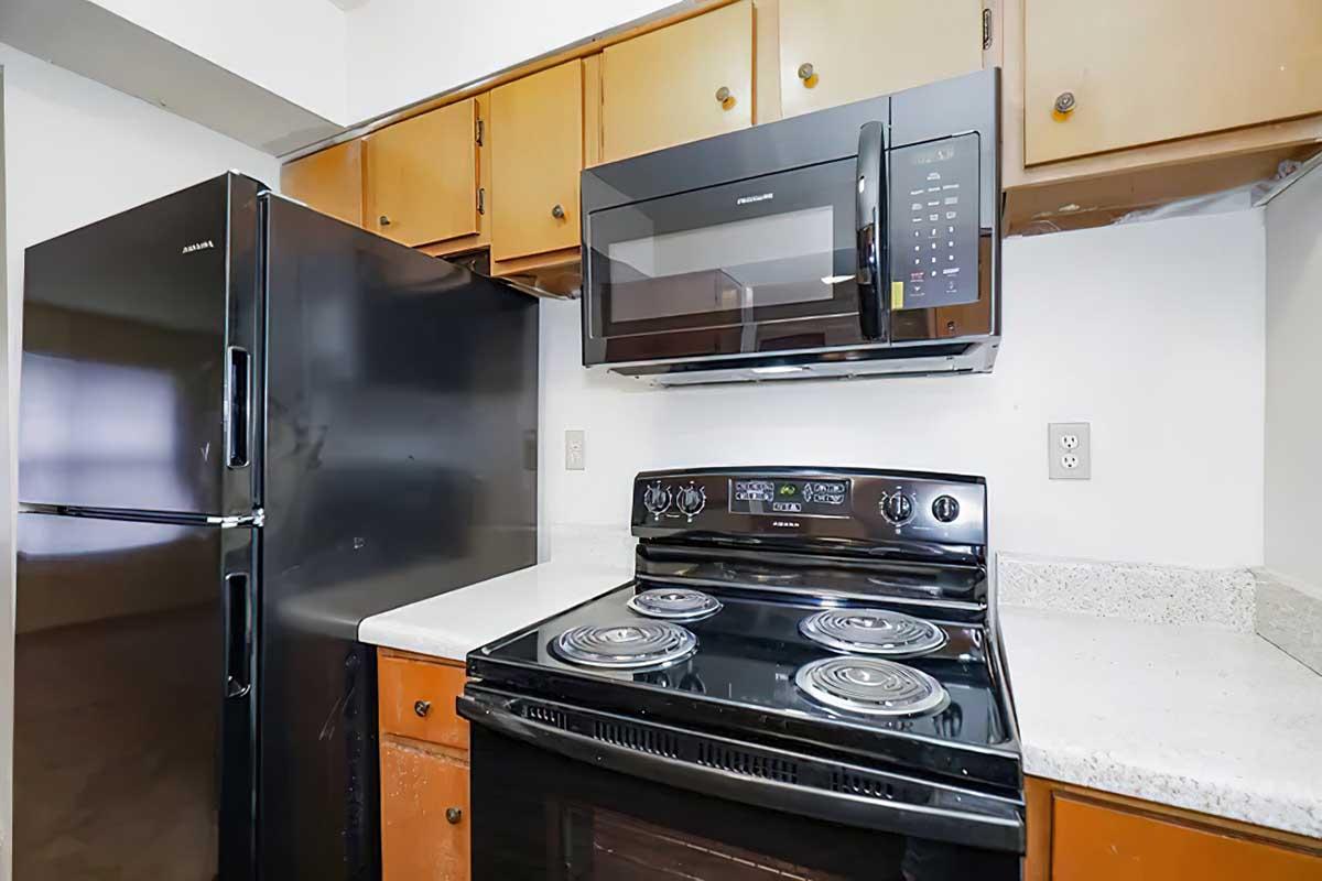 A modern kitchen featuring a black refrigerator, a black electric stove with an oven, and a built-in microwave above the stove. The cabinetry is wooden, with a light countertop. The kitchen has a clean and functional layout, ideal for cooking and meal preparation.