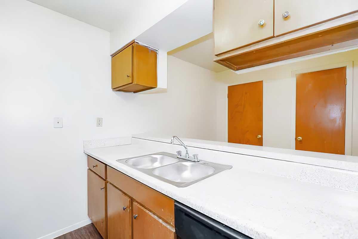 A small kitchen featuring a white countertop with a double sink and wooden cabinets above. The background includes two closed wooden doors and a light-colored wall. The floor appears to be a dark laminate, creating a contrast with the lighter surfaces.