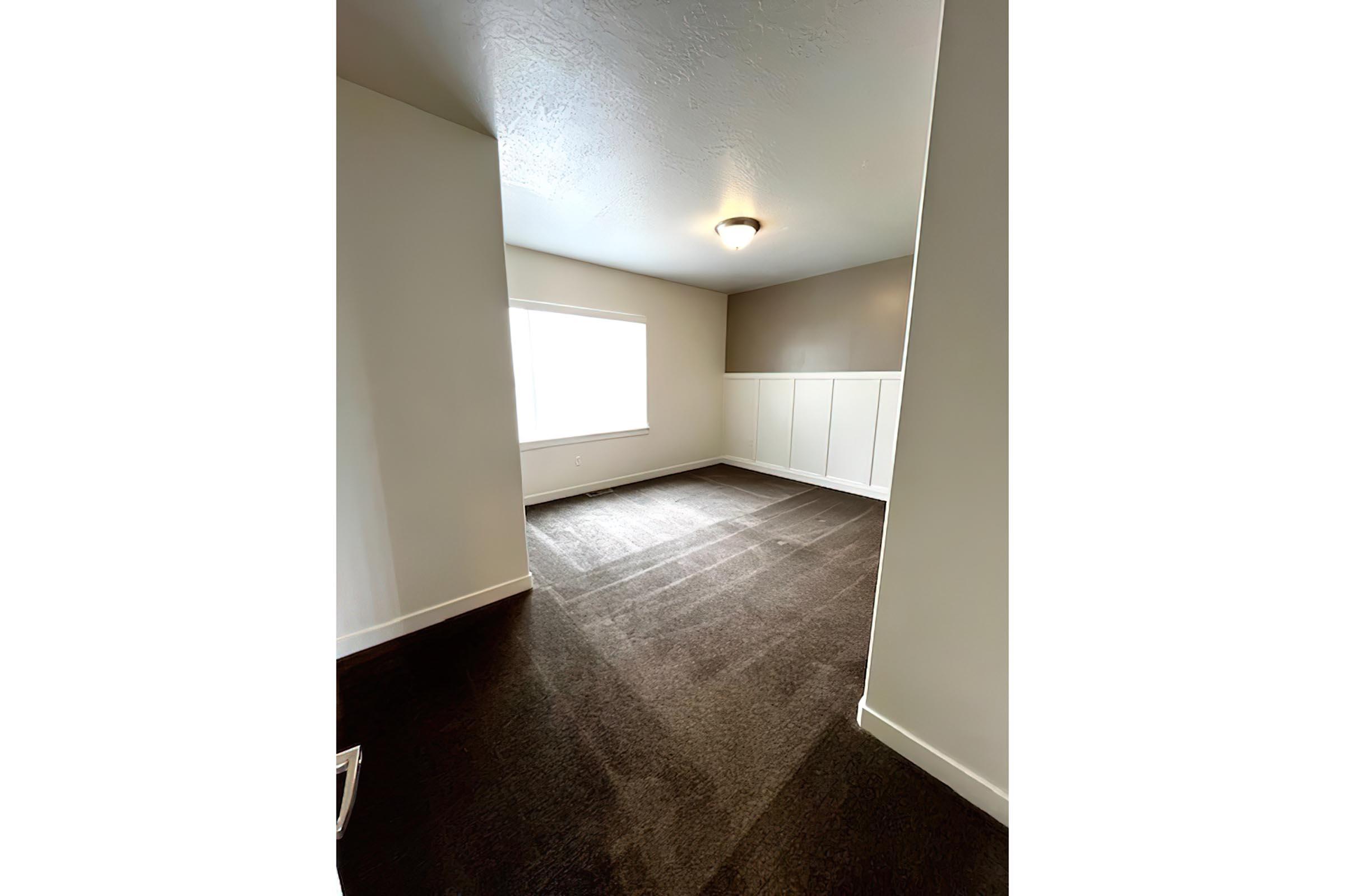 A spacious, empty room with light-colored walls and dark carpet. A large window allows natural light to enter, illuminating the space. There is a light fixture on the ceiling, and the room features white wainscoting along the lower part of the walls.