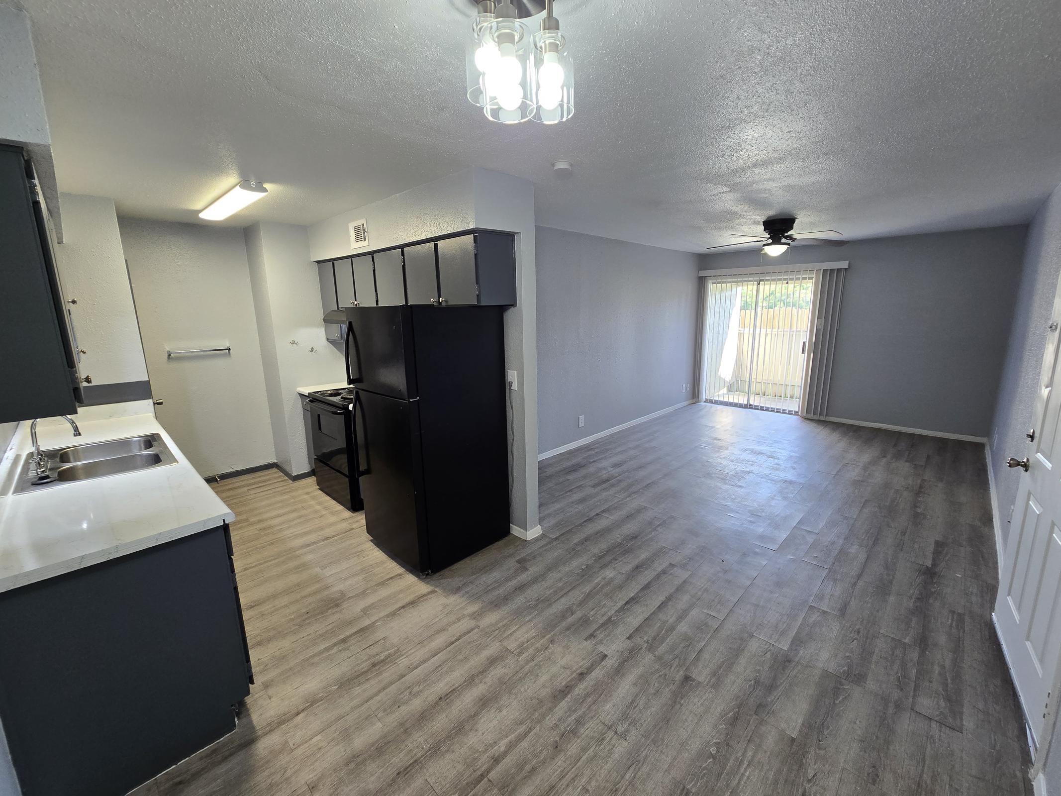 Connected kitchen, dining, and living room areas