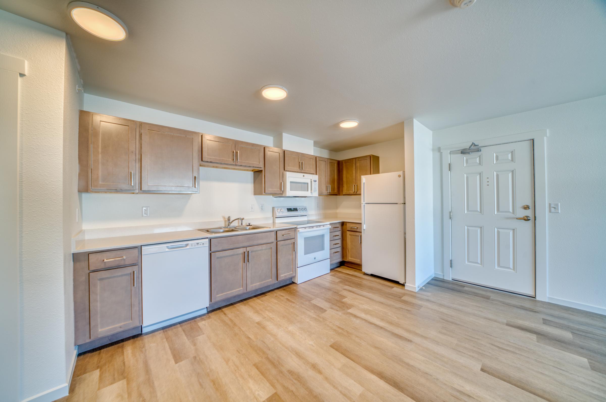 Modern kitchen featuring wooden cabinets, a white countertop, and stainless steel appliances, including a microwave, oven, and dishwasher. The space has light-colored walls, a door leading outside, and warm wood flooring, creating a bright and inviting atmosphere.