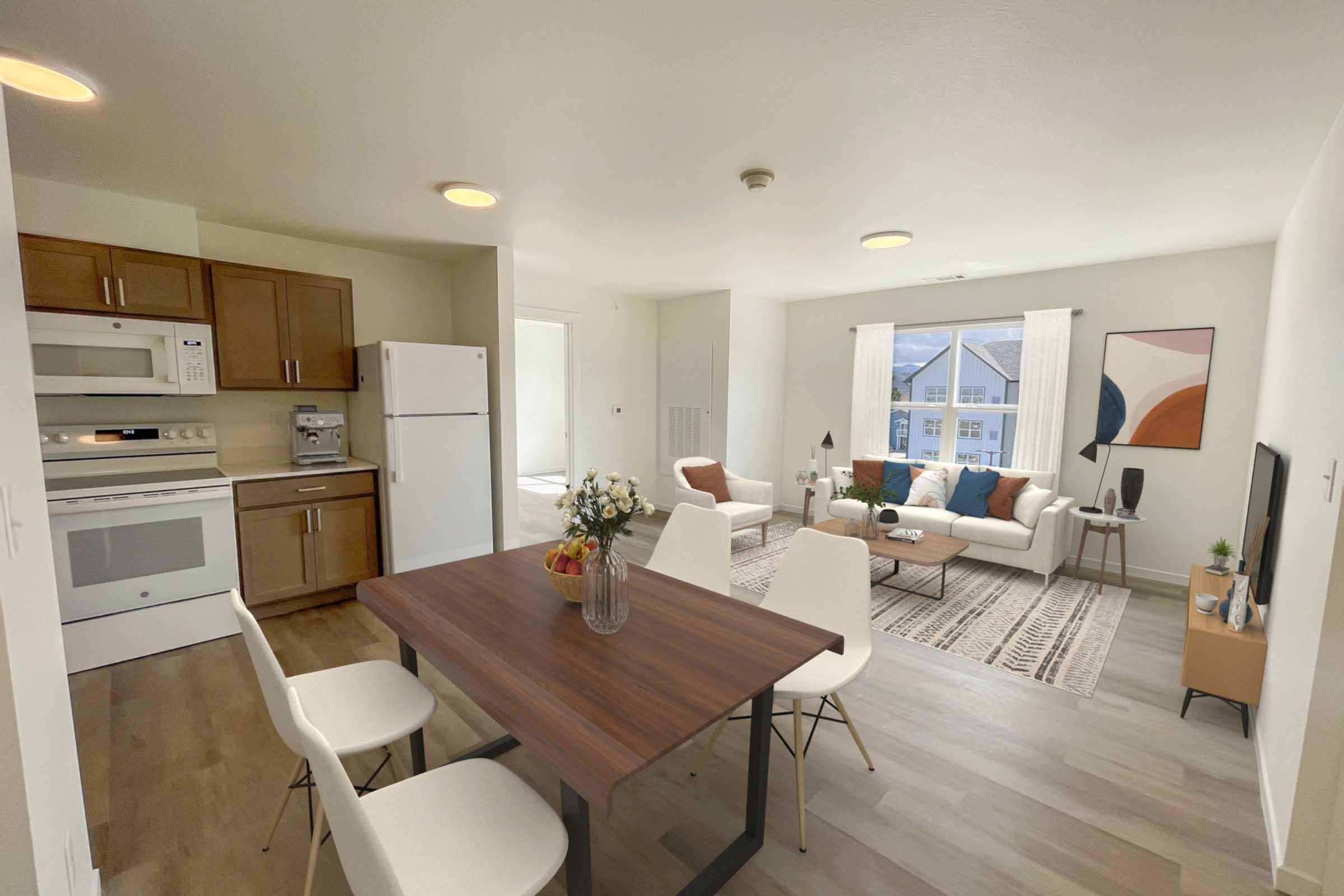 A modern, open-concept living space featuring a dining area with a wooden table and white chairs, a kitchen with wooden cabinets and appliances, and a cozy living room with a sofa, coffee table, and decorative elements. Sunlight streams in through large windows, offering a bright and inviting atmosphere.