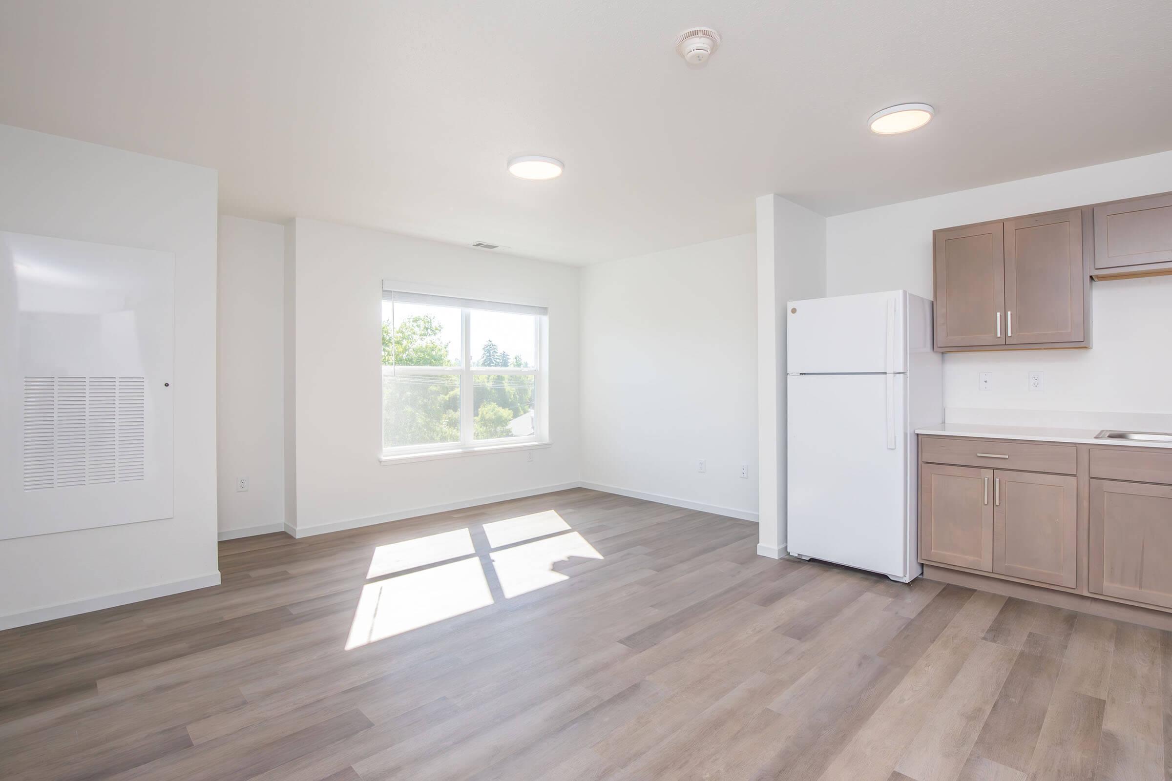 A bright, modern apartment interior featuring a spacious living area with large windows, light-colored walls, and vinyl flooring. There's a white refrigerator and light wood cabinetry in the kitchen area. The space is well-lit, creating an inviting atmosphere.