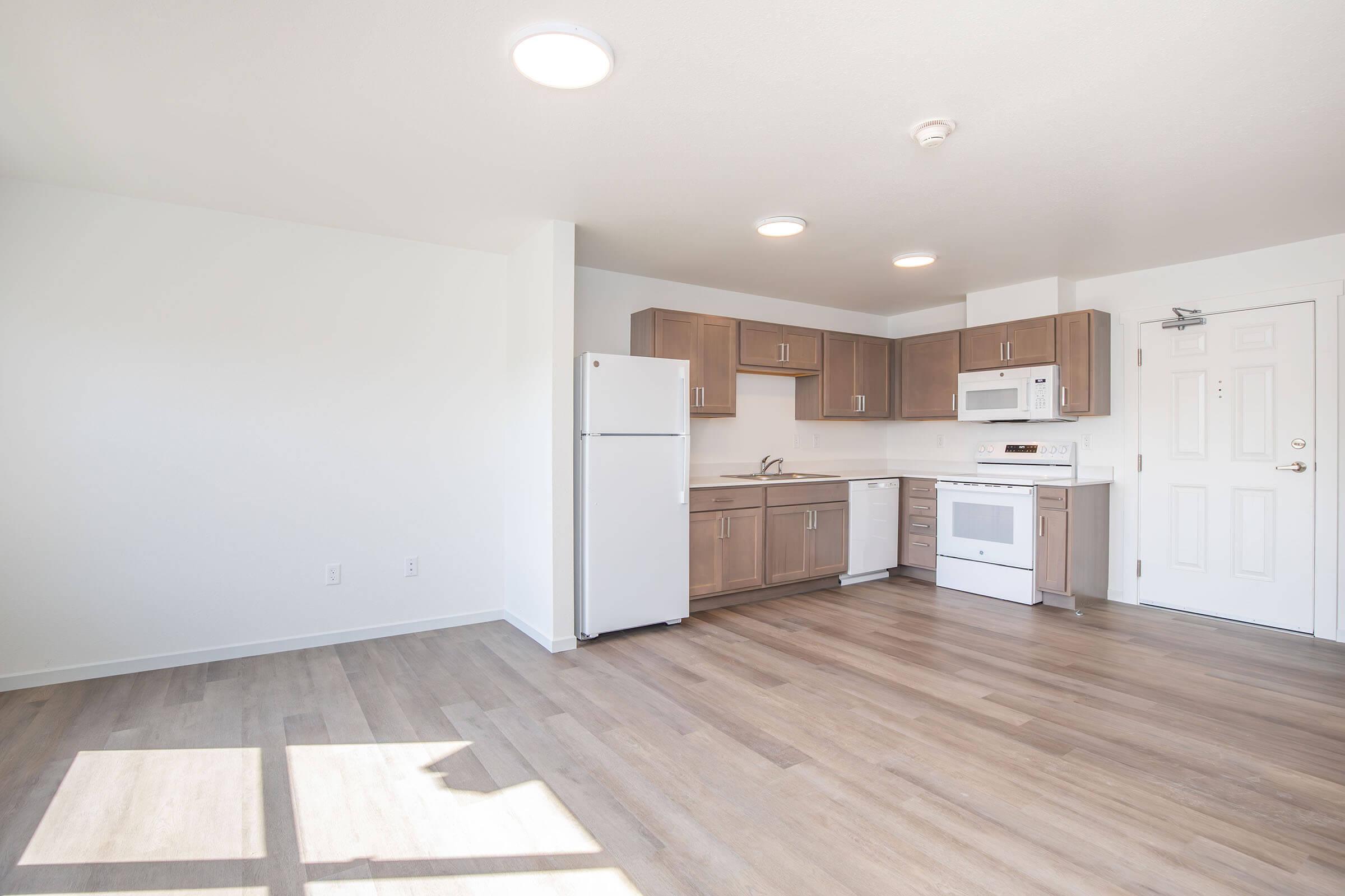 Modern kitchen in a bright, unfurnished apartment. Features light wood cabinetry, a white refrigerator, a stove, and a microwave. Large windows allow natural light to fill the space, highlighting the clean, minimalist design and light-colored flooring.