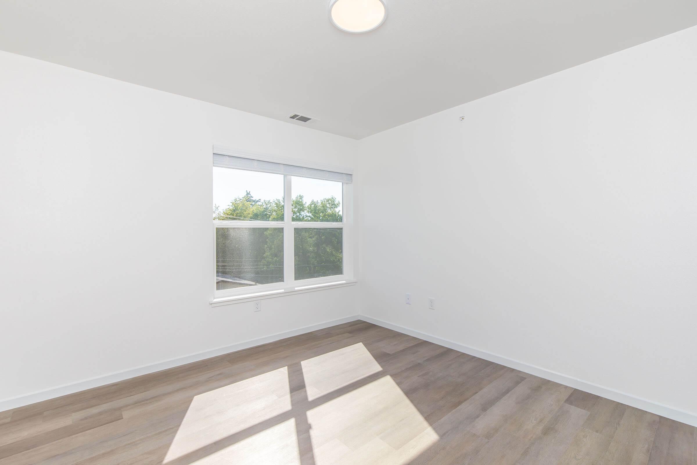 A bright, empty room with white walls and a large window letting in natural light. The floor is made of light-colored wood, and there’s a circular ceiling light. The view outside the window shows greenery.