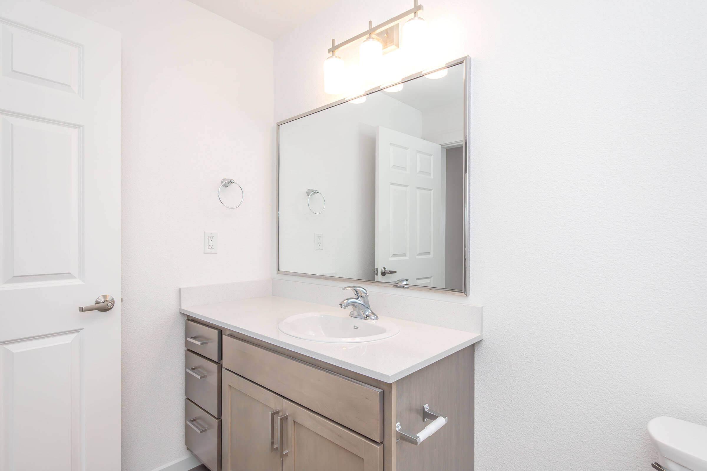 Modern bathroom with a light-colored vanity featuring a sink, a large mirror above it, and four drawers. There is a round towel holder on the wall, a door in the background, and a white toilet partially visible. The walls are painted white, giving the space a bright and clean appearance.