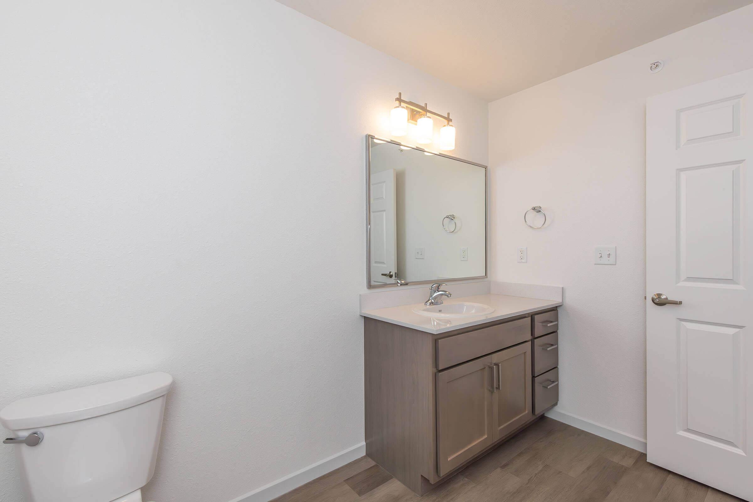 Bright and modern bathroom featuring a white wall, a sleek vanity with a single sink and storage cabinets, a large mirror with overhead lighting, and a white toilet. The floor is made of light-colored planks. A closed door is visible, enhancing the overall tidy appearance.