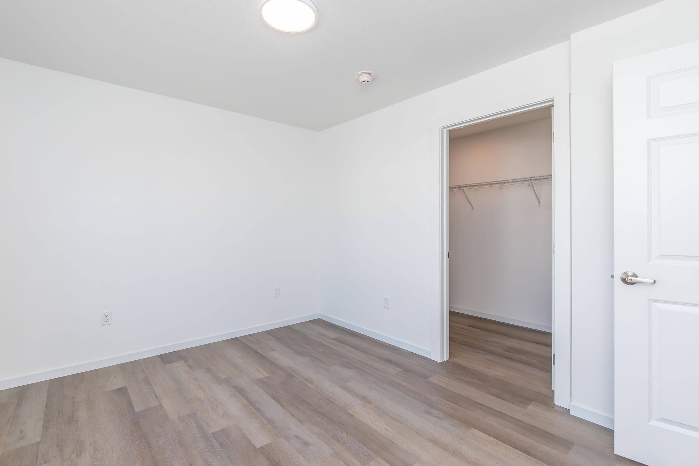 Empty room with white walls and a light-colored wooden floor. A door leads to a closet on the right side. The room has a single ceiling light fixture and appears bright and spacious, suitable for various uses.