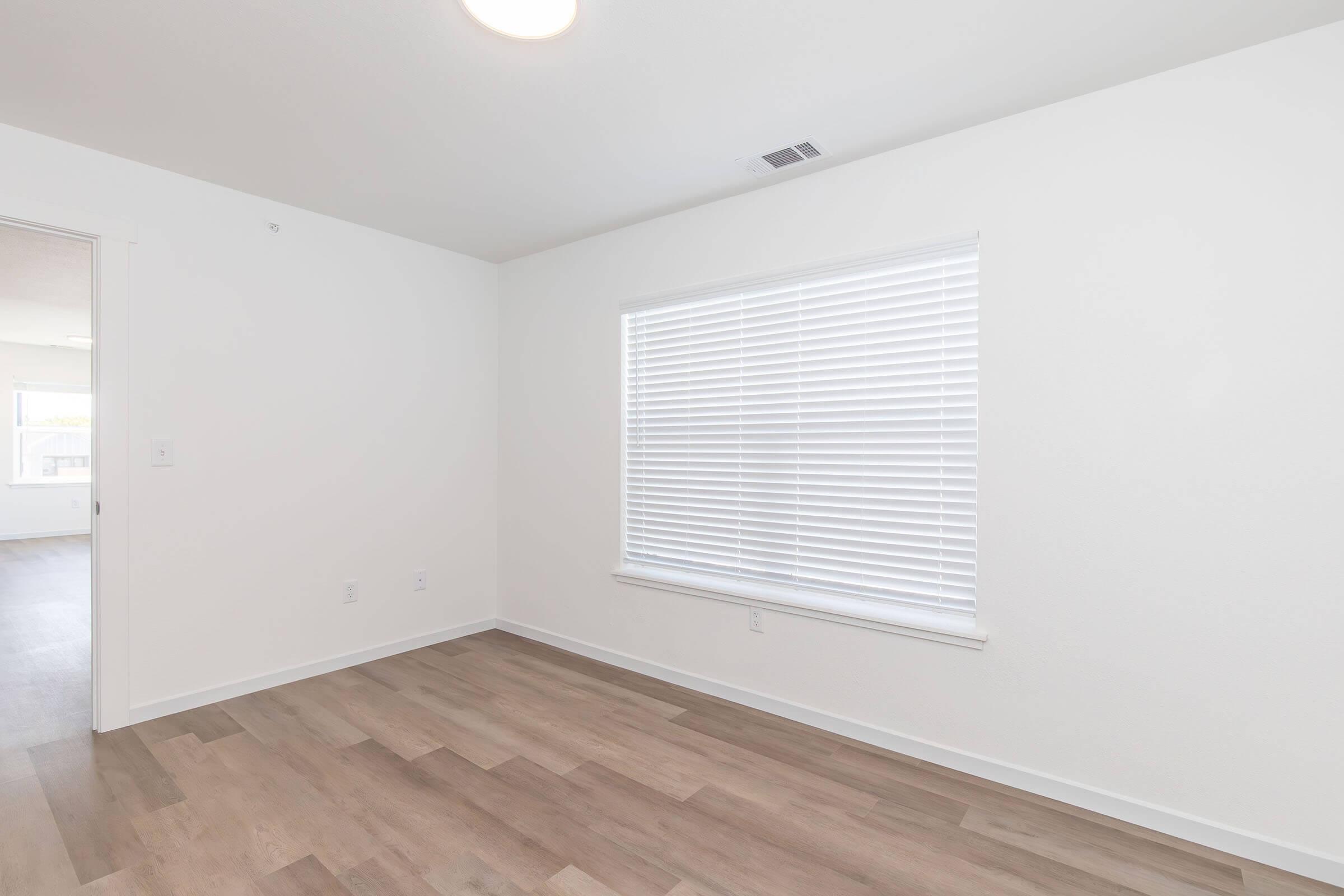 Empty room featuring light-colored walls and a large window with white blinds, allowing natural light to enter. The floor is made of light wood laminate. There is a door on the left leading to another area, contributing to a minimalist and modern aesthetic.
