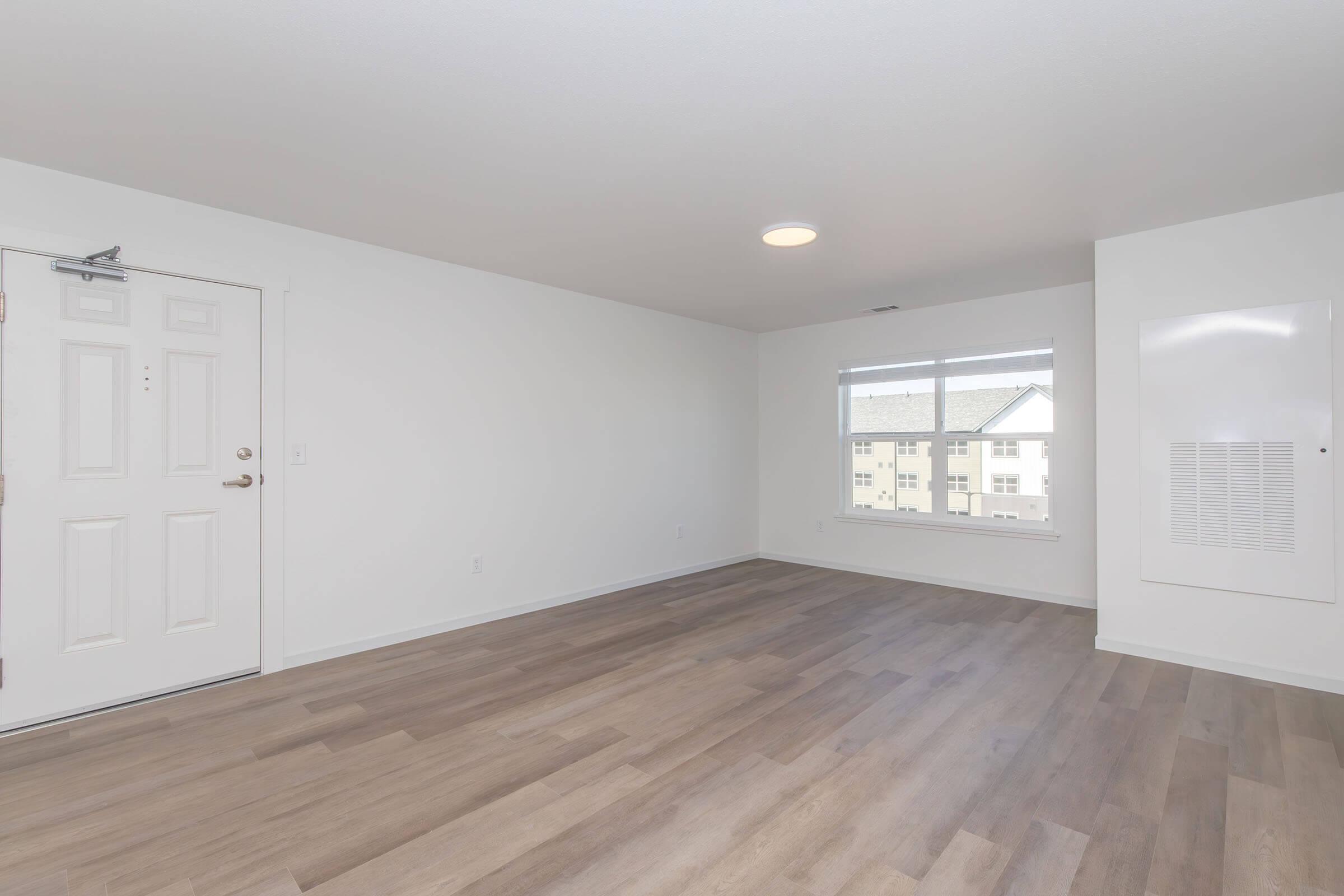 Empty living room with light-colored walls and a large window allowing natural light. The floor is covered in light wood laminate, and there is a simple front door with a small window beside it. A wall-mounted heating unit is visible in the far corner. The space is clean and uncluttered, ready for furnishing.
