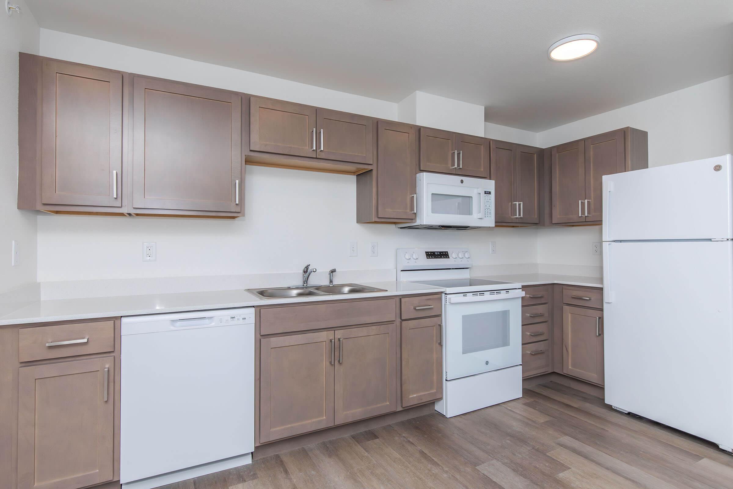 Modern kitchen with wooden cabinets, a white microwave, stove, and refrigerator. The space features a double sink and a dishwasher, all set against a light-colored wall and laminate flooring. Natural light illuminates the area through a ceiling light fixture.