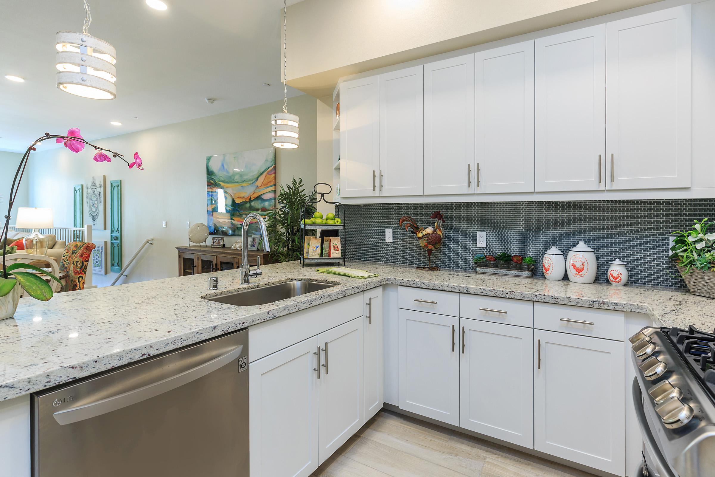 furnished kitchen with white cabinets