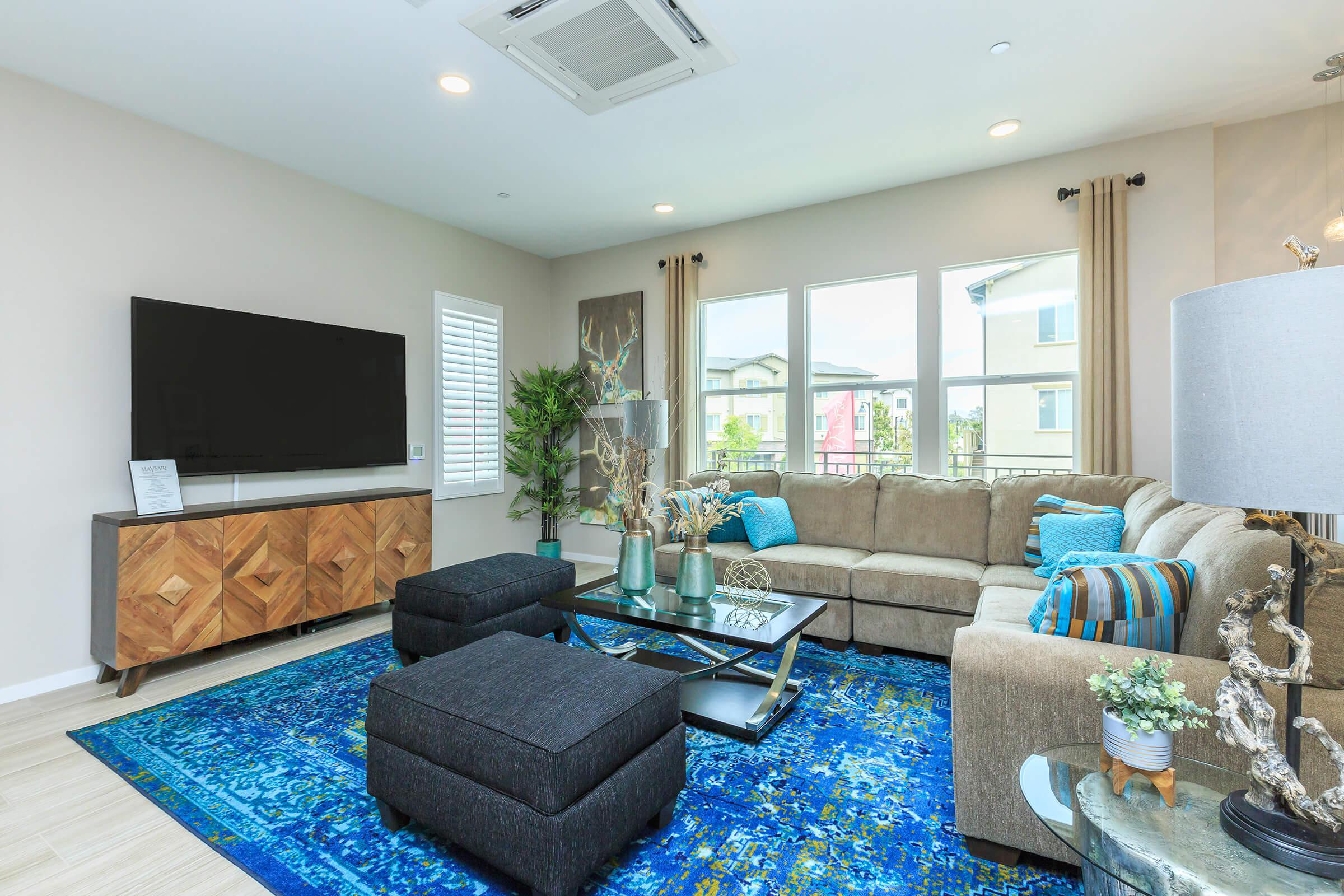 Living room with a blue rug