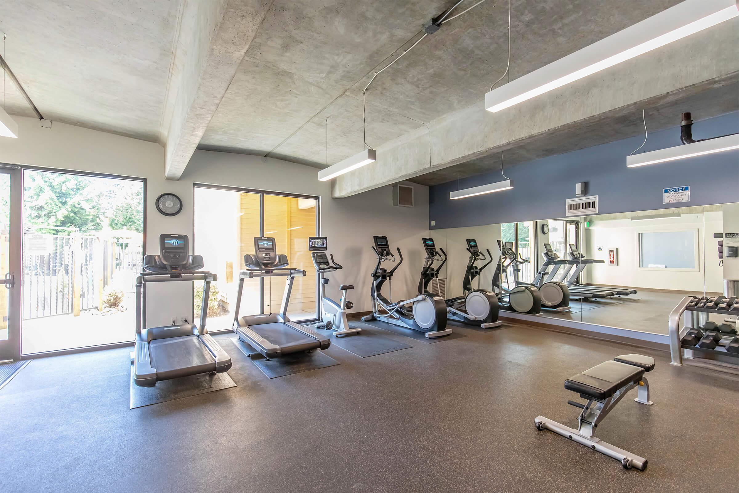 A bright and modern gym featuring several cardio machines, including treadmills and ellipticals, lined up against a wall. There are free weights on a bench, large mirrors reflecting the equipment, and large windows allowing natural light to fill the space.
