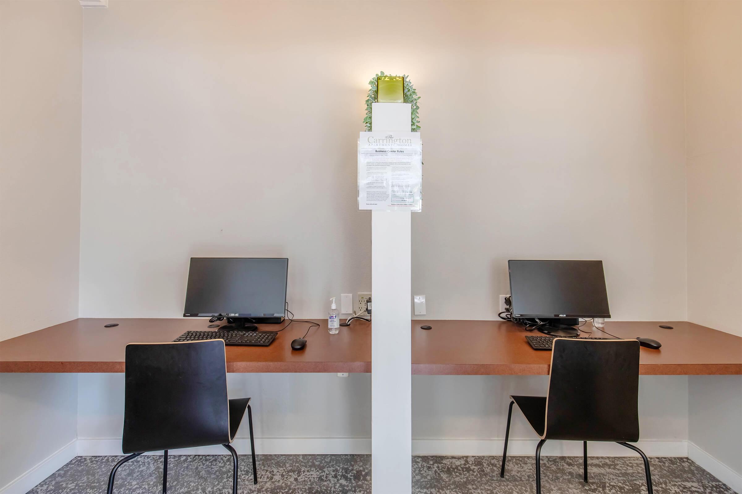 Two computer workstations are set up side by side in a bright room. Each workstation has a black monitor and keyboard on a wooden desk. A small green plant is placed on a vertical post between the two desks, which also has a document taped to it. The flooring is gray carpet.