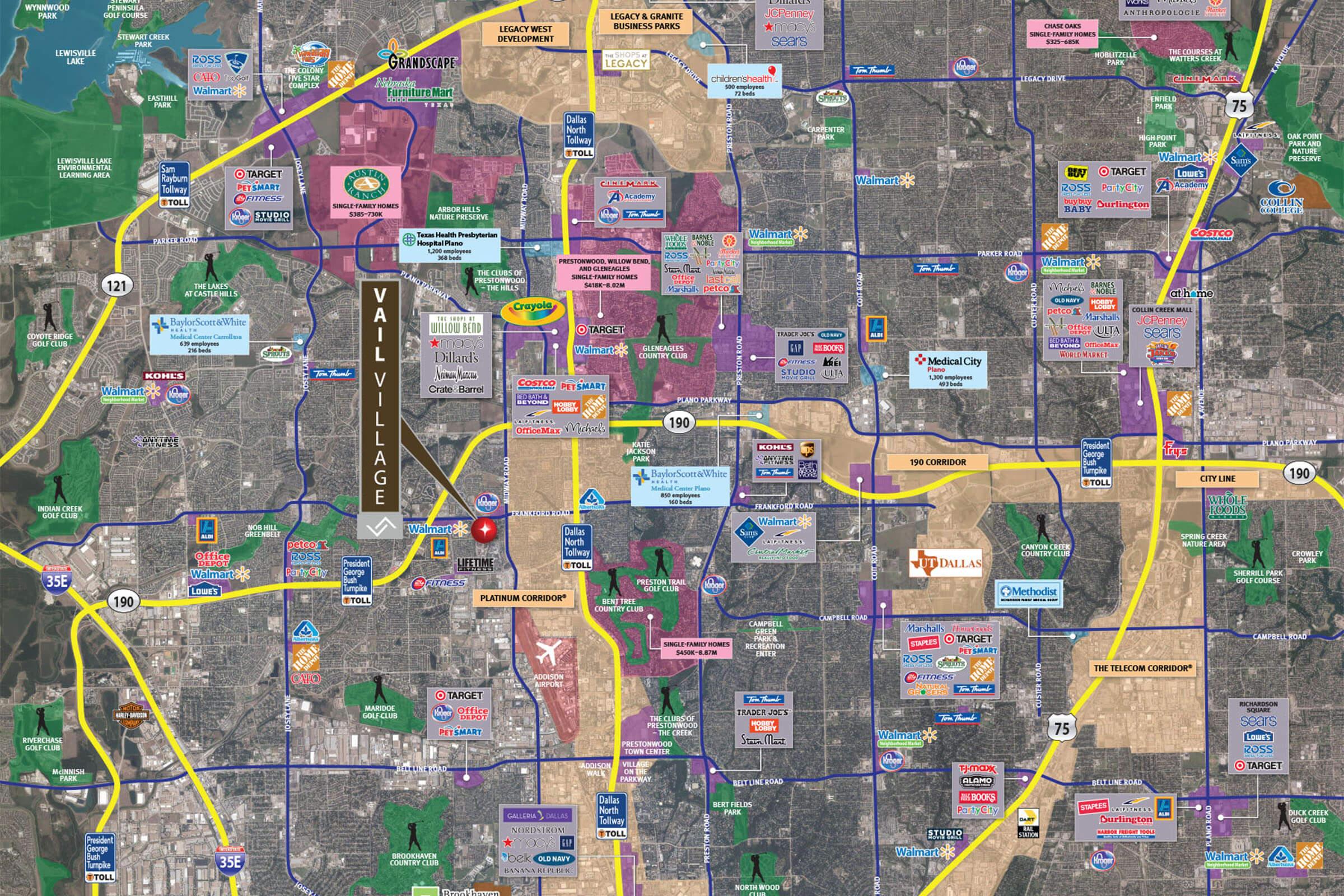 A detailed map showing various landmarks, roads, and points of interest in a metropolitan area. It includes highways, street names, and highlighted areas labeled with names such as "Vally Village." Various businesses and attractions are marked with icons and text throughout the map, along with directional indicators.