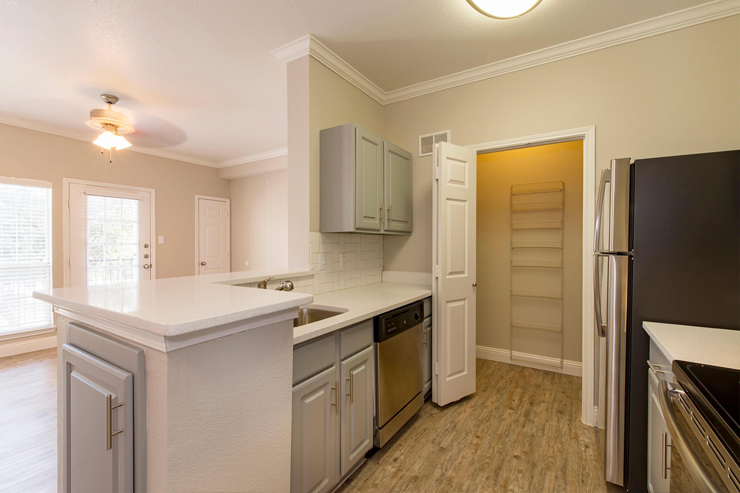 Bright kitchen with light gray cabinets, a white countertop, and stainless steel appliances. Features a double sink and a dishwasher. An adjacent pantry with shelving is visible through an open door. Natural light comes from a nearby window, enhancing the open and airy feel of the space.