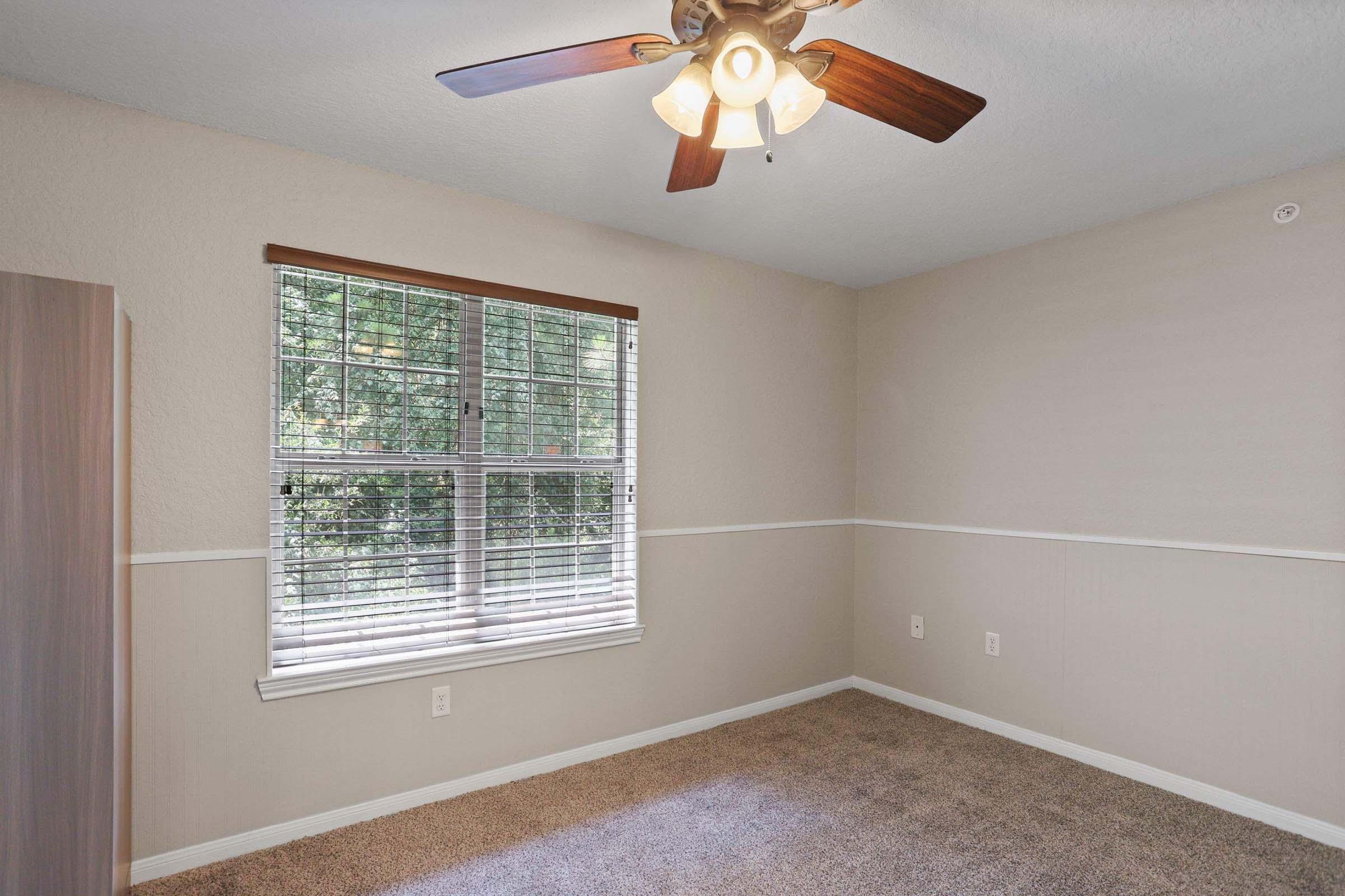 Empty room with light beige walls and a ceiling fan. There is a window with blinds that lets in natural light, casting shadows on the carpeted floor. A simple horizontal trim runs along the wall. No furniture is present, creating a spacious and neutral atmosphere.