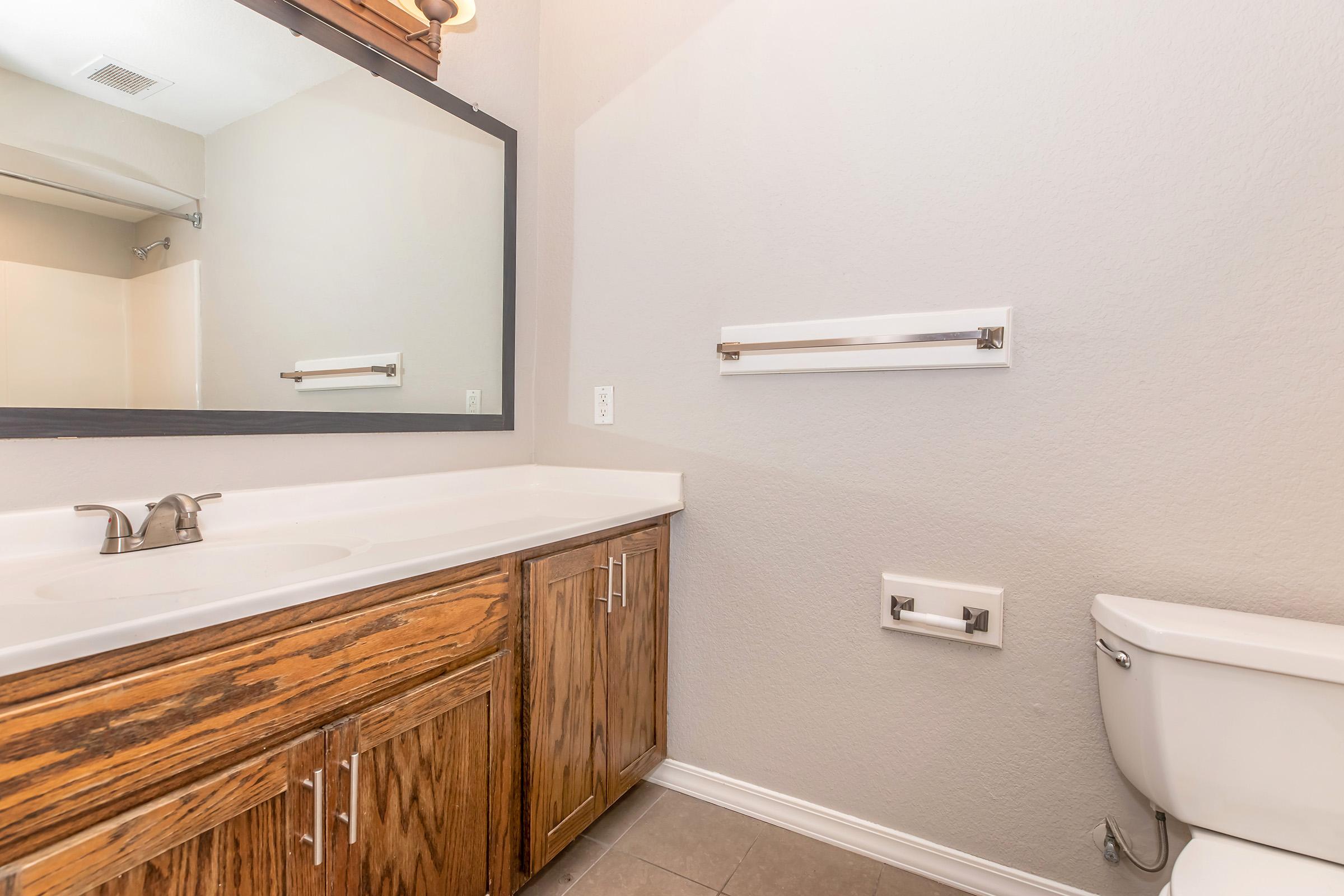 A clean and modern bathroom featuring a double sink vanity with wooden cabinetry, a large mirror above the sink, a towel bar on the wall, and a toilet. The walls are painted light gray, and the flooring is tiled. Natural light is available from an overhead fixture.