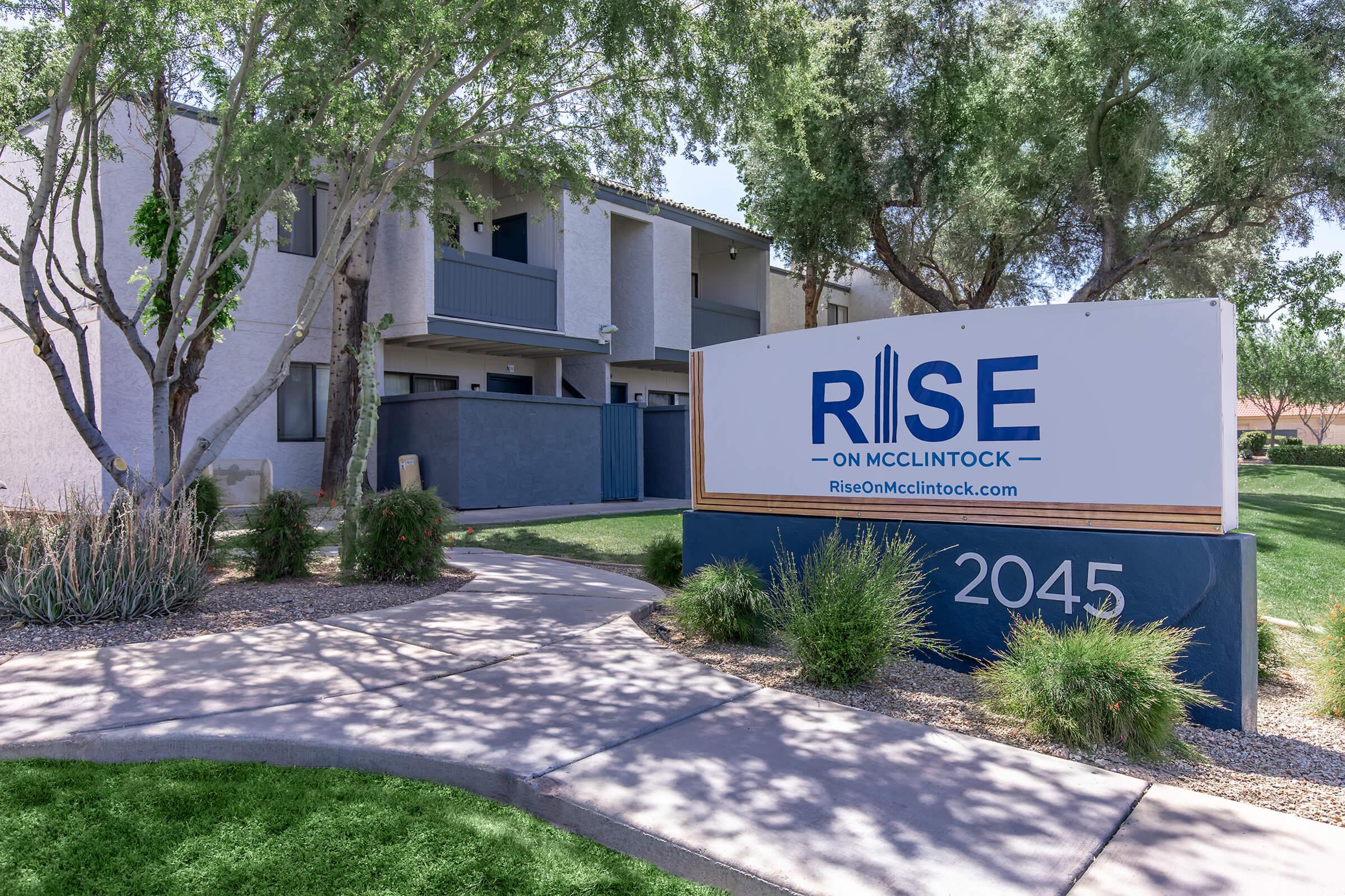 The entrance signage at Rise on McClintock in Tempe, AZ.