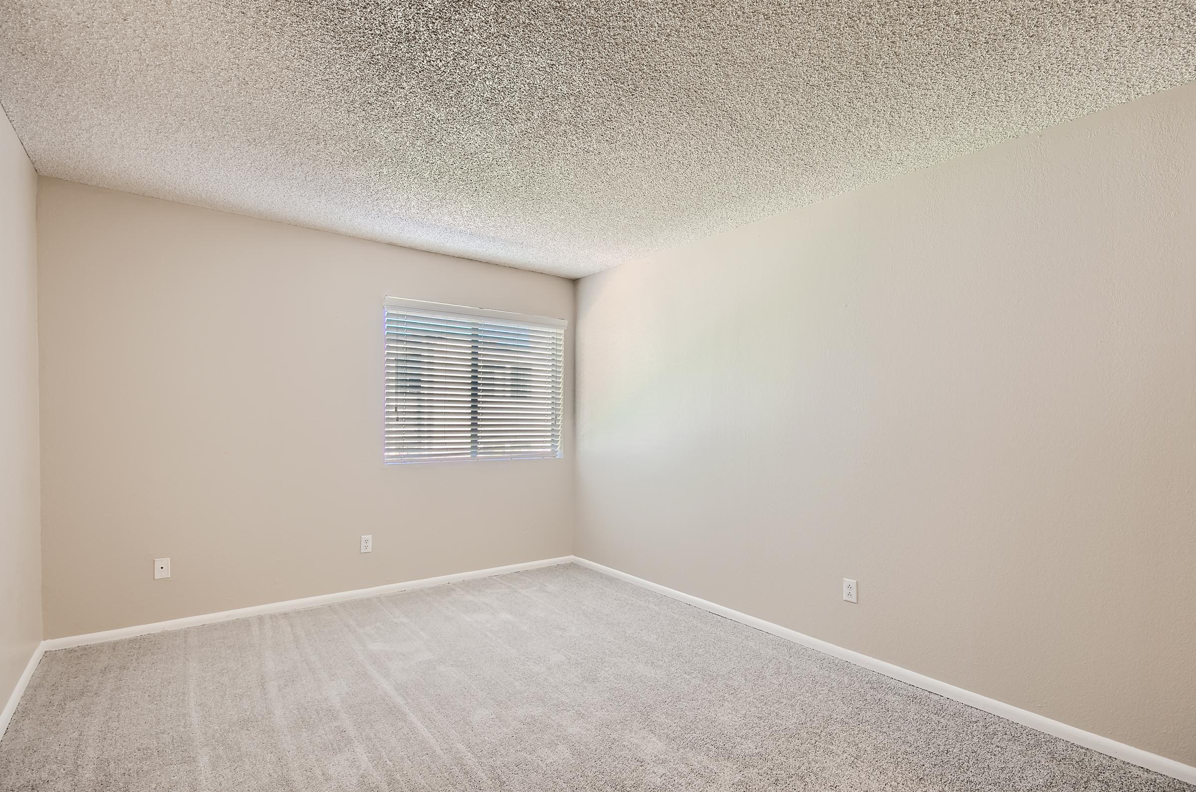 A carpeted bedroom with a window at Rise on McClintock in Tempe, AZ.