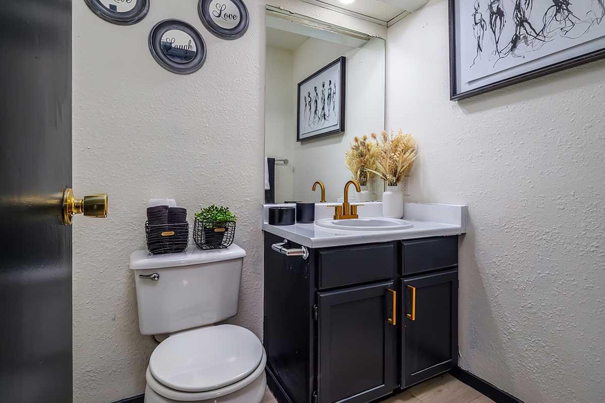 A modern bathroom featuring a white sink with a gold faucet, dark cabinetry, and a toilet. There are decorative elements like framed art on the walls, a mirror, and a vase with dried plants. A small plant and a basket are placed on the countertop, adding a touch of greenery. The overall decor is minimalist and stylish.