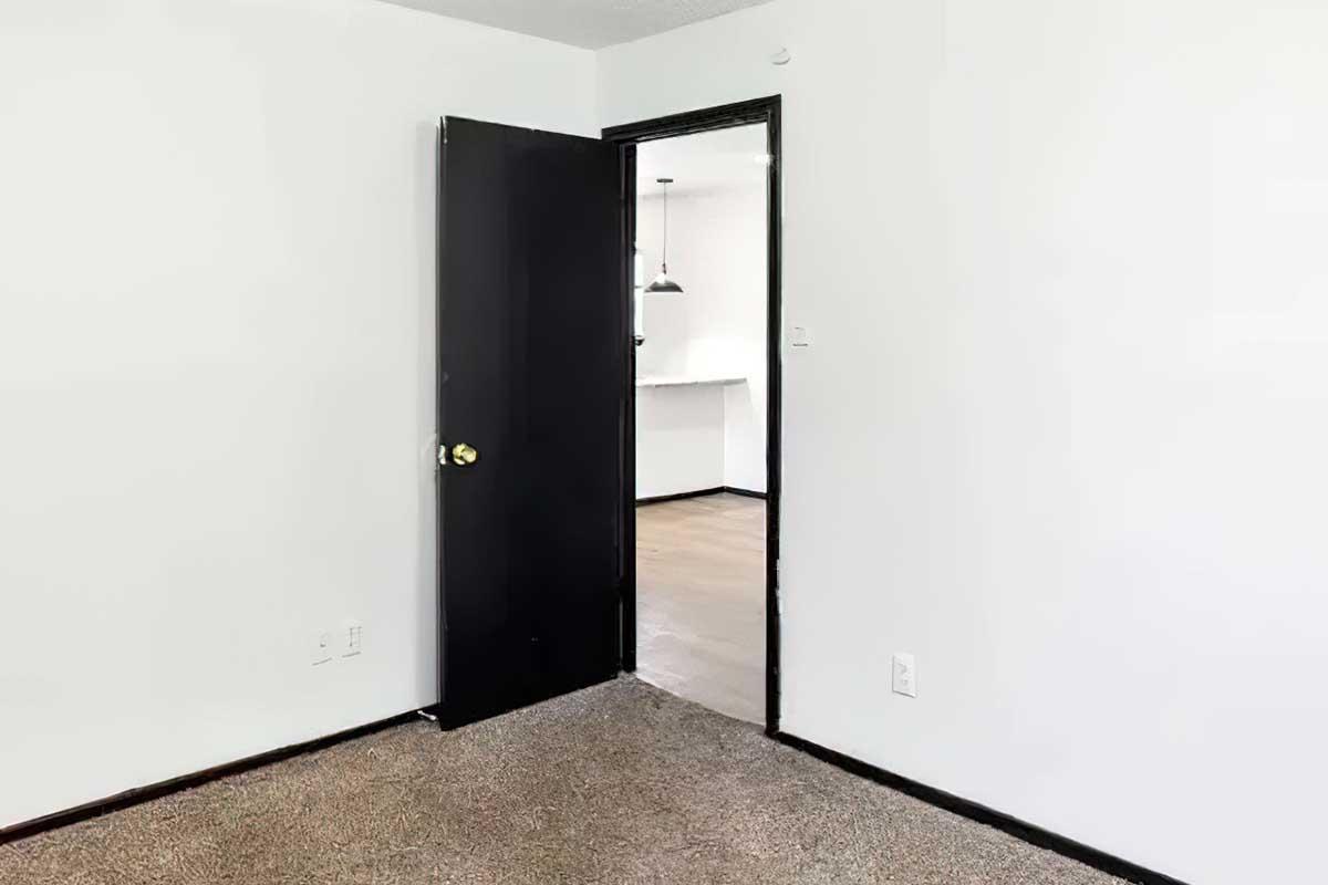 A partially open black door leading from a sparsely decorated room with beige carpet to a modern kitchen area visible in the background. The walls are white, and the door frame is black. The kitchen features simple pendant lighting.