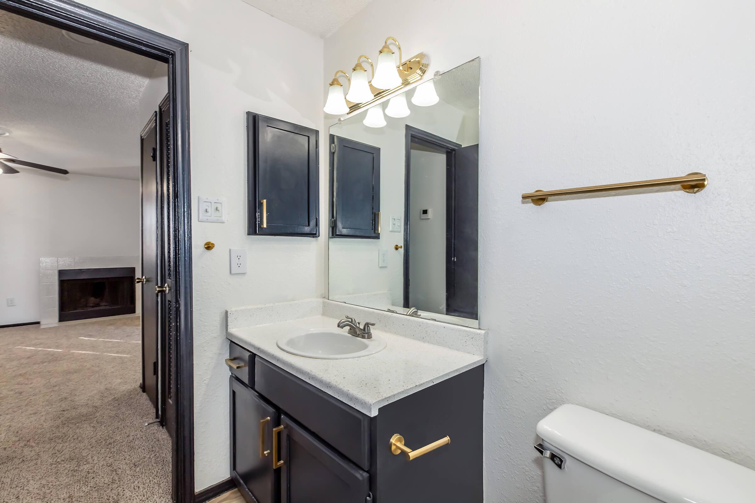 A well-lit bathroom featuring a modern vanity with a white countertop, dark cabinetry, and a large mirror. A wall-mounted towel bar is visible, along with a toilet. The bathroom has a neutral wall color and a door leading to another room, with carpeting on the floor.