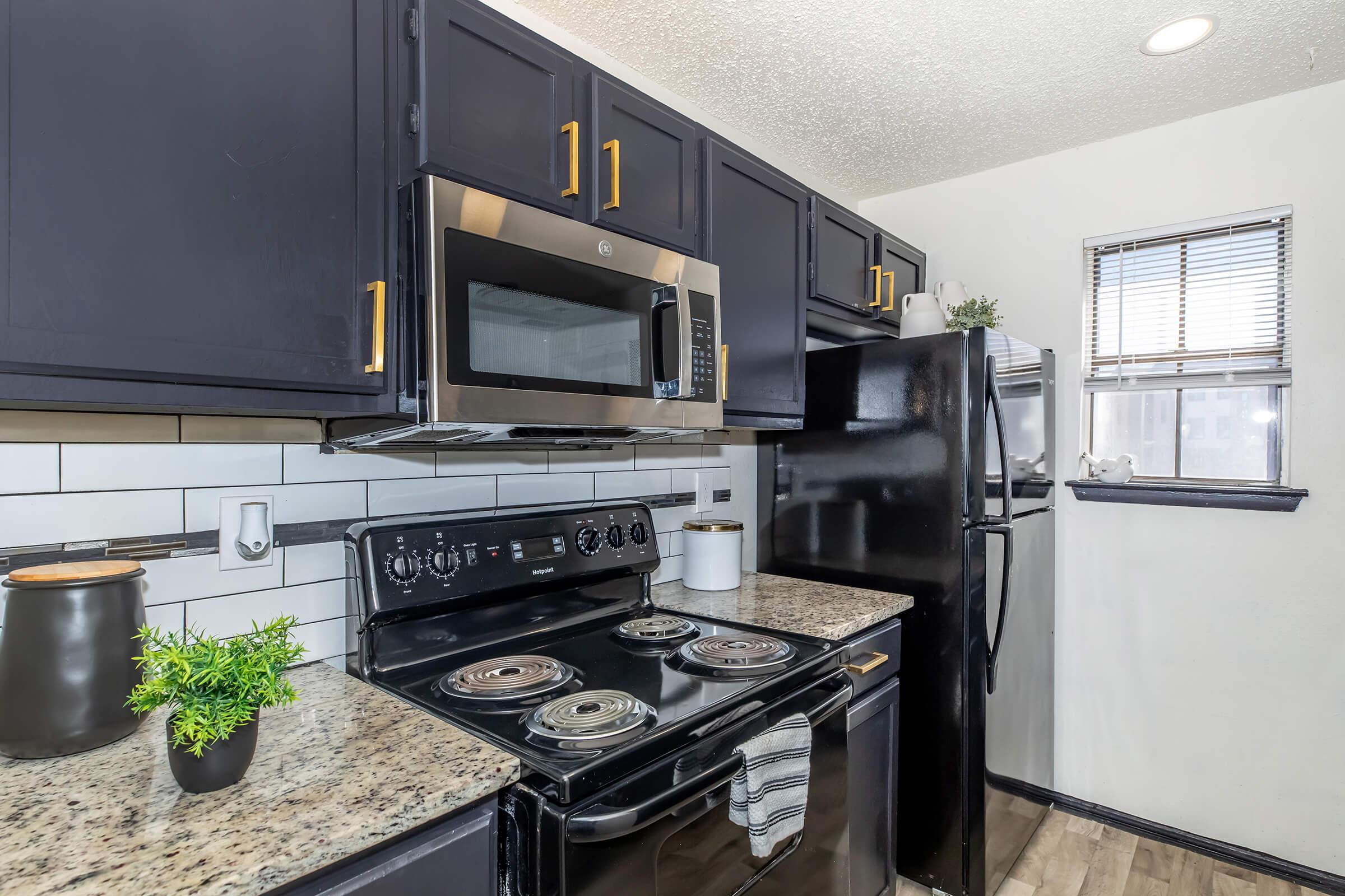 A modern kitchen featuring dark cabinets, a stainless steel microwave, and a black stove and refrigerator. The countertops are speckled granite, and there are decorative plants on the counter. A window with blinds provides natural light, and a dish rack sits by the sink.