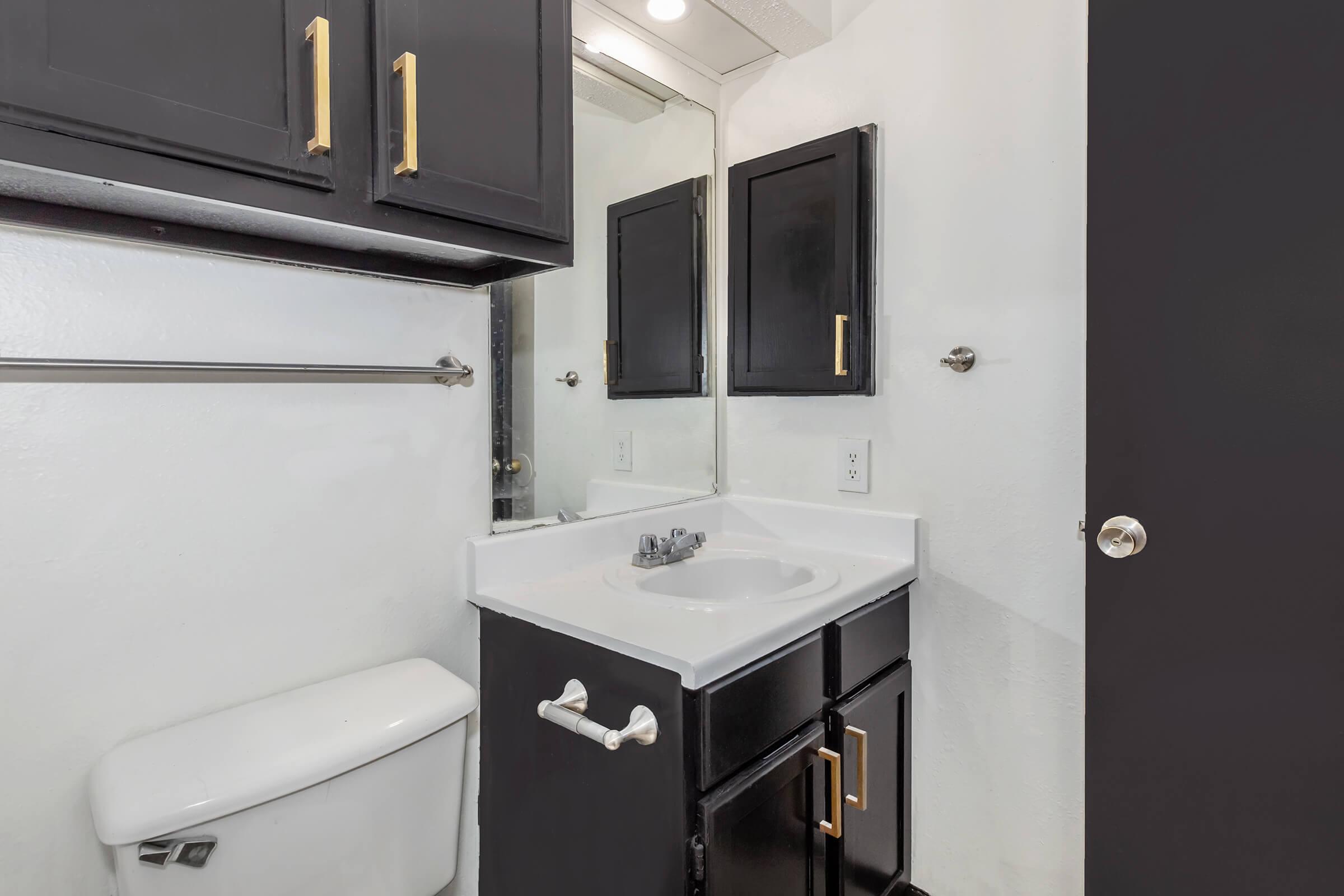 A compact bathroom featuring a white sink with a modern faucet, dark cabinetry with gold handles, a full-length mirror, and a toilet. The walls are painted white, and there is a towel bar mounted on one side. The overall design is clean and contemporary.