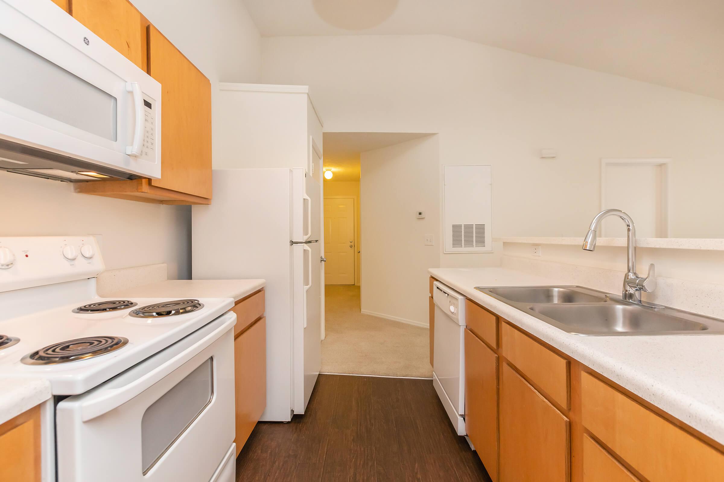 Well equipped kitchens at Tesla Park in Wilmington, North Carolina.